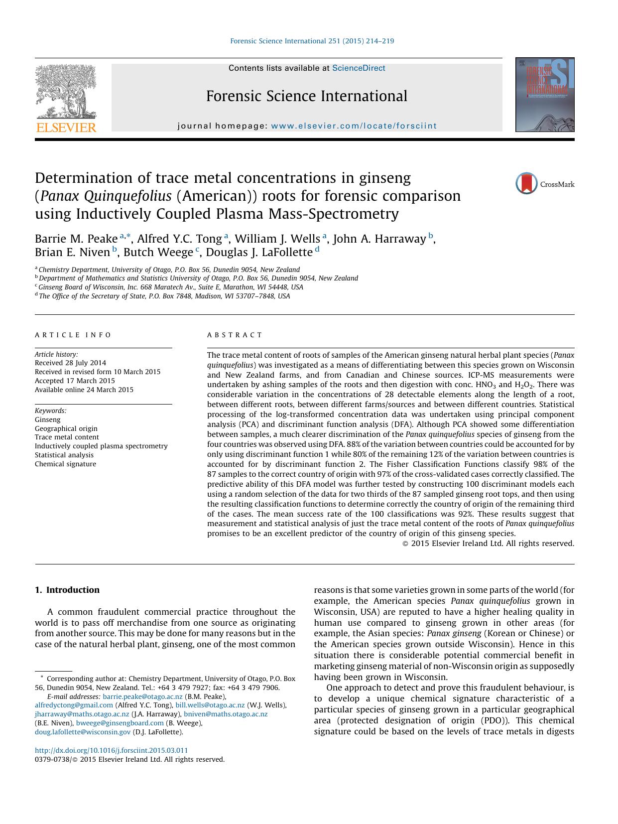 Determination of trace metal concentrations in ginseng (Panax Quinquefolius (American)) roots for forensic comparison using Inductively Coupled Plasma Mass-Spectrometry by unknow