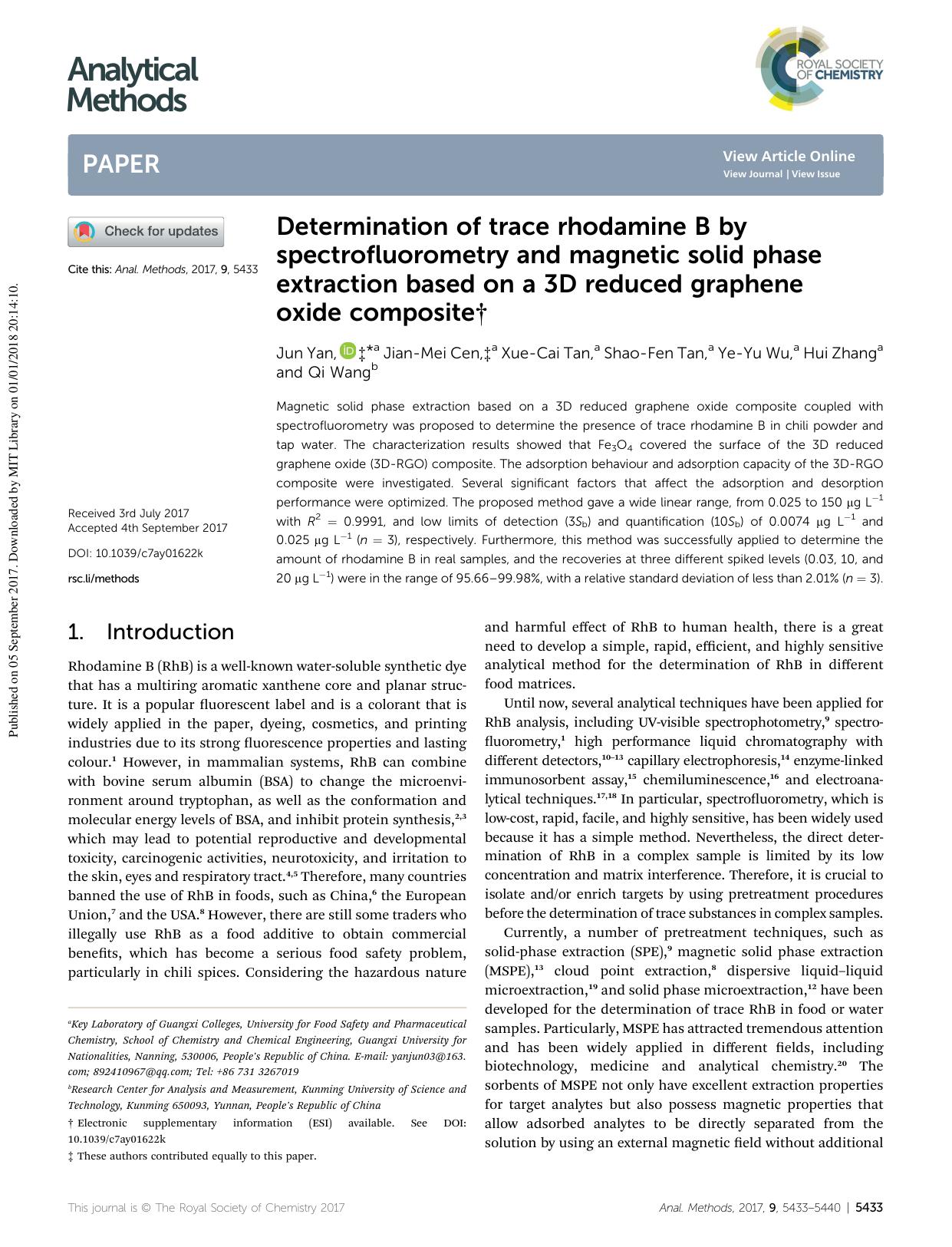 Determination of trace rhodamine B by spectrofluorometry and magnetic solid phase extraction based on a 3D reduced graphene oxide composite by Jun Yan & Jian-Mei Cen & Xue-Cai Tan & Shao-Fen Tan & Ye-Yu Wu & Hui Zhang & Qi Wang