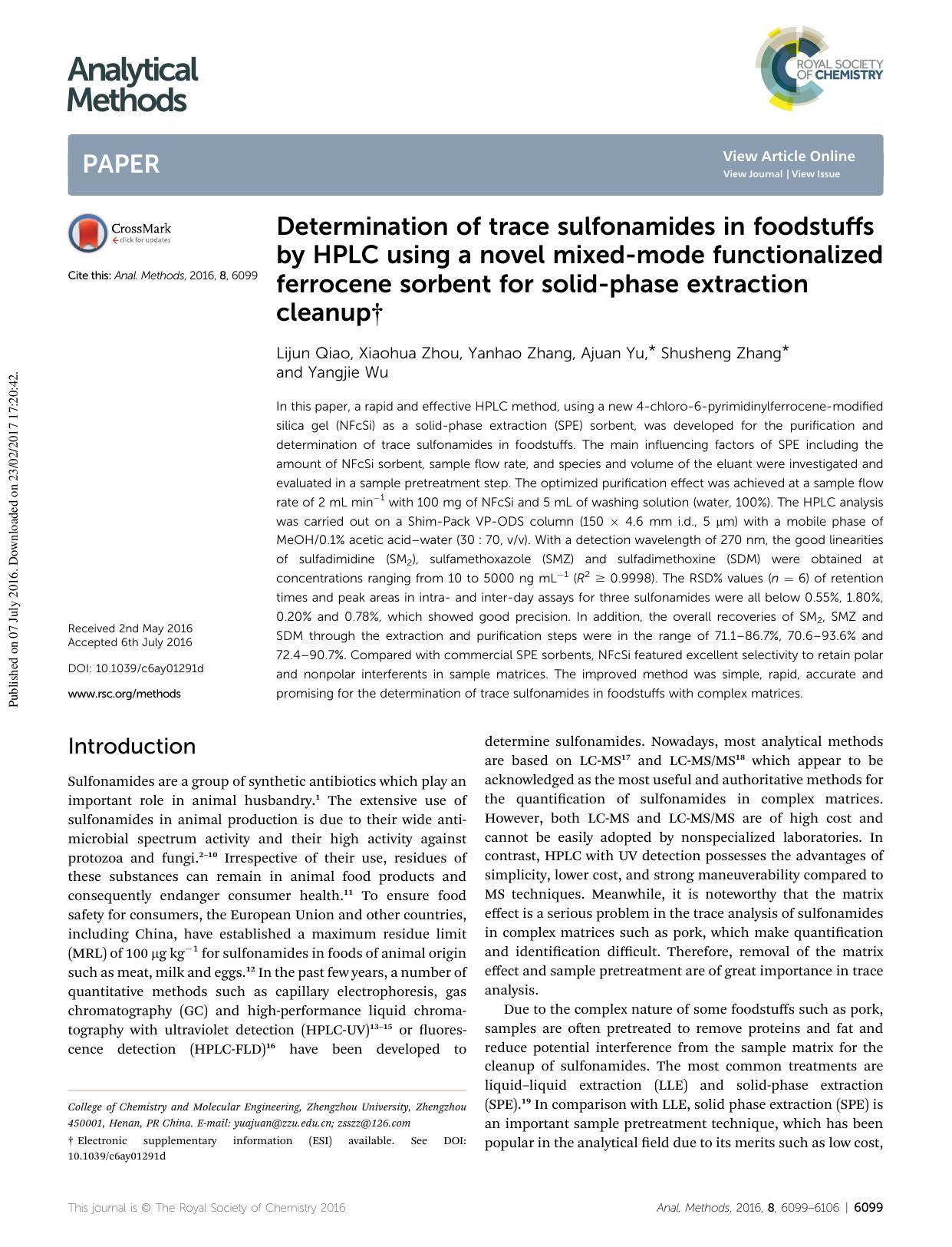 Determination of trace sulfonamides in foodstuffs by HPLC using a novel mixed-mode functionalized ferrocene sorbent for solid-phase extraction cleanup by Lijun Qiao & Xiaohua Zhou & Yanhao Zhang & Ajuan Yu & Shusheng Zhang & Yangjie Wu