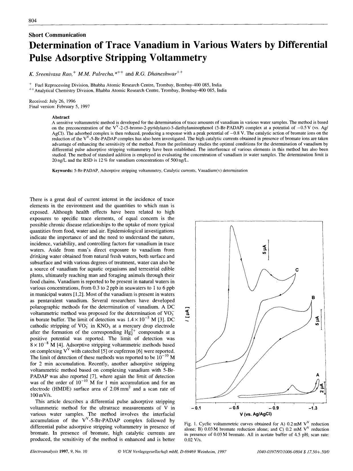 Determination of trace vanadium in various waters by differential pulse adsorptive stripping voltammetry by Unknown