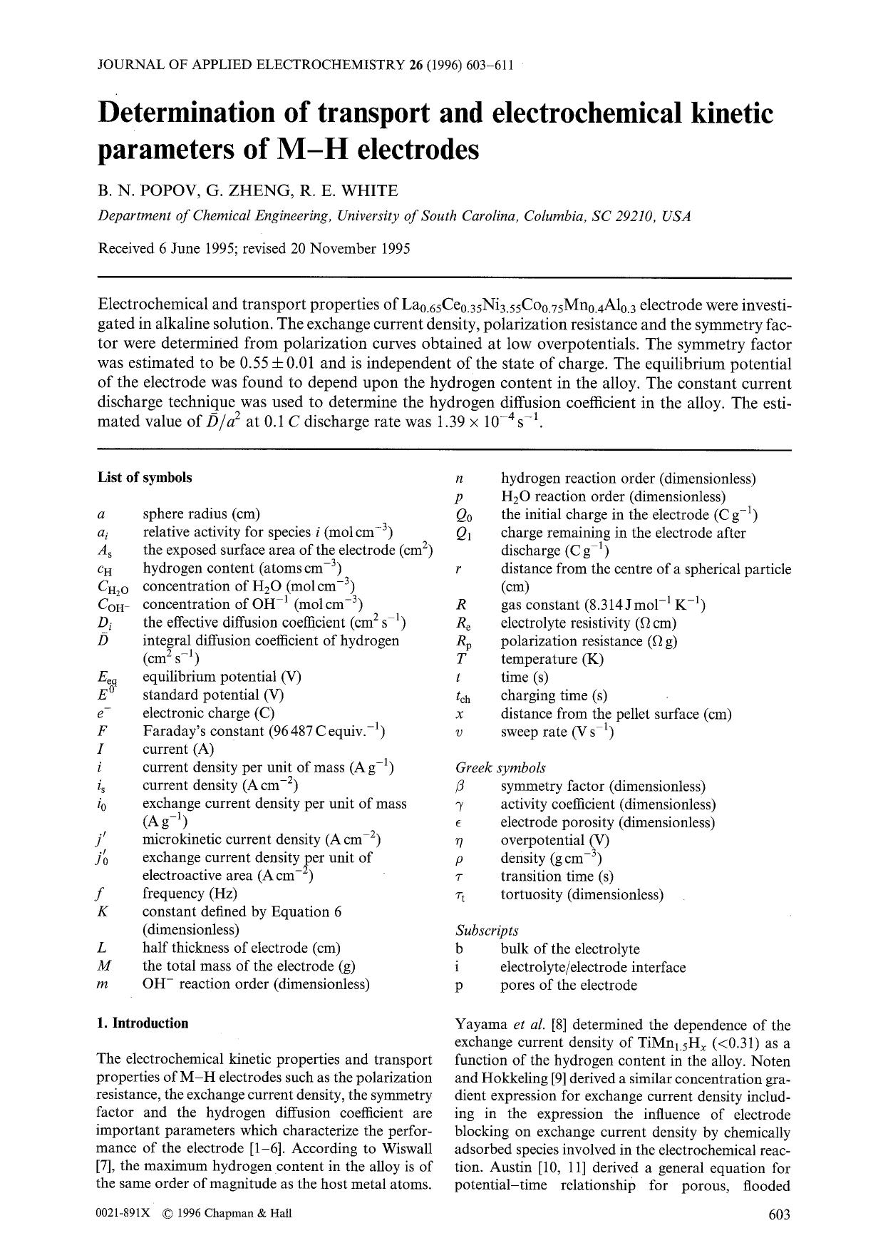 Determination of transport and electrochemical kinetic parameters of M-H electrodes by Unknown