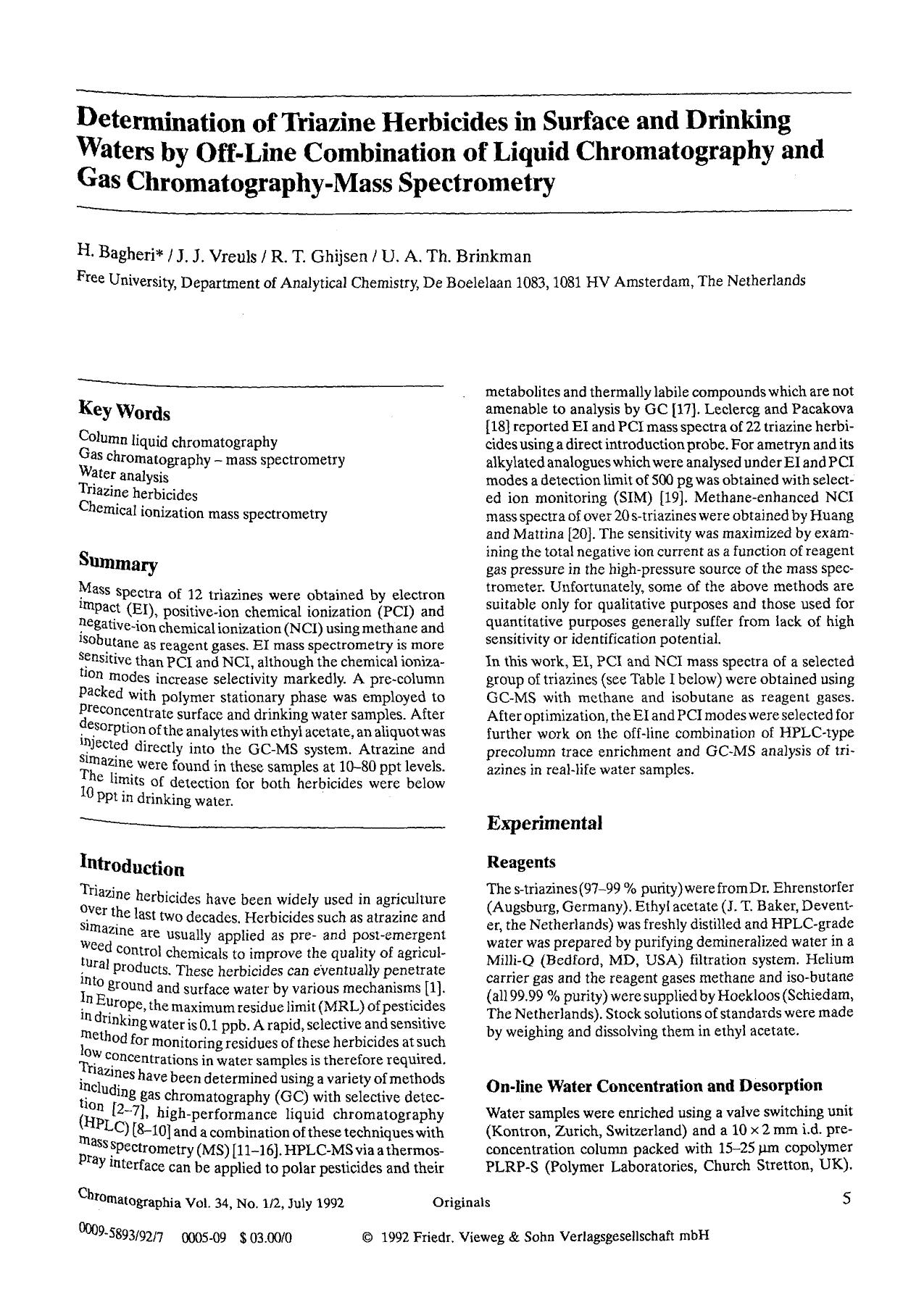 Determination of triazine herbicides in surface and drinking waters by off-line combination of liquid chromatography and gas chromatography-mass spectrometry by Unknown