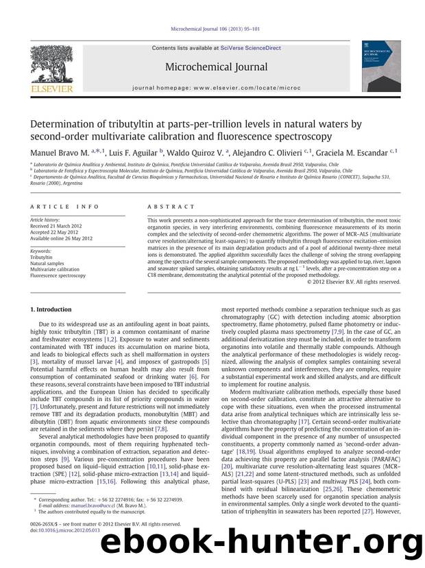 Determination of tributyltin at parts-per-trillion levels in natural waters by second-order multivariate calibration and fluorescence spectroscopy by Manuel Bravo M. & Luis F. Aguilar & Waldo Quiroz V. & Alejandro C. Olivieri & Graciela M. Escandar