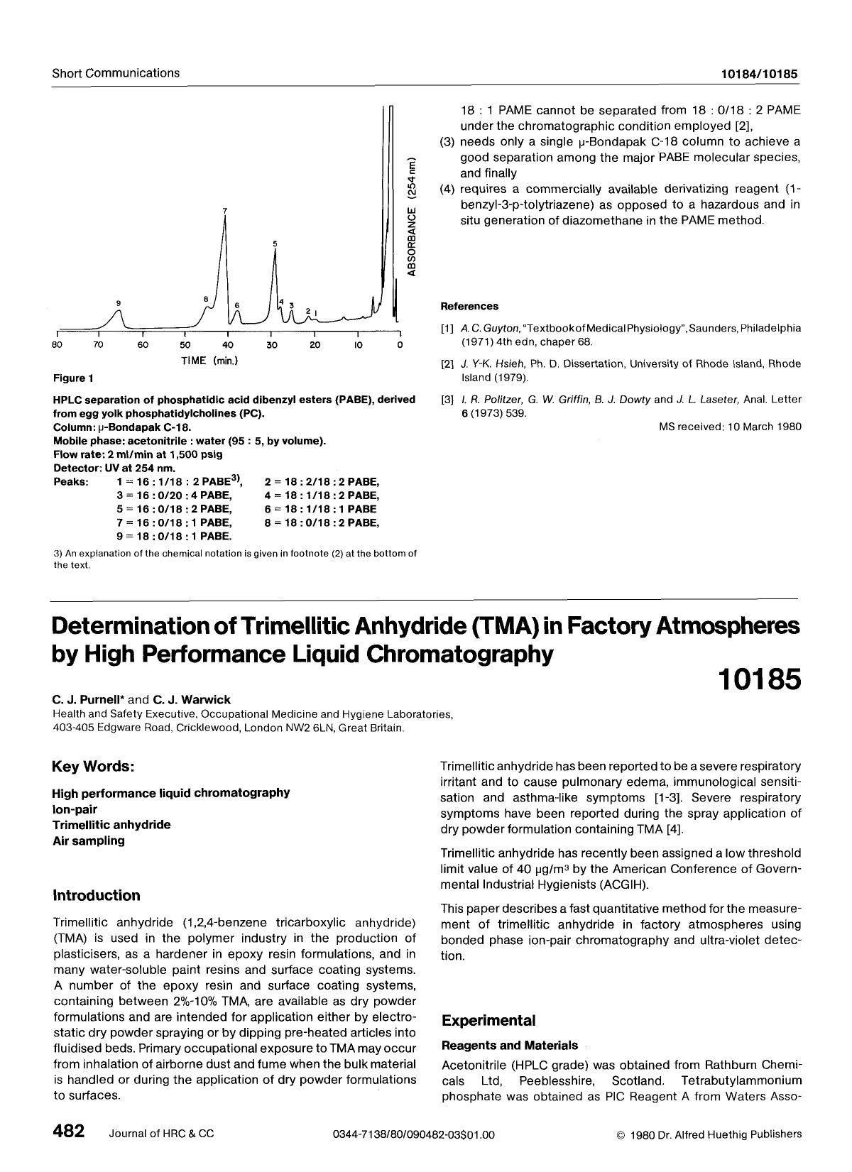 Determination of trimellitic anhydride(TMA) in factory atmospheres by high performance liquid chromatography by Unknown