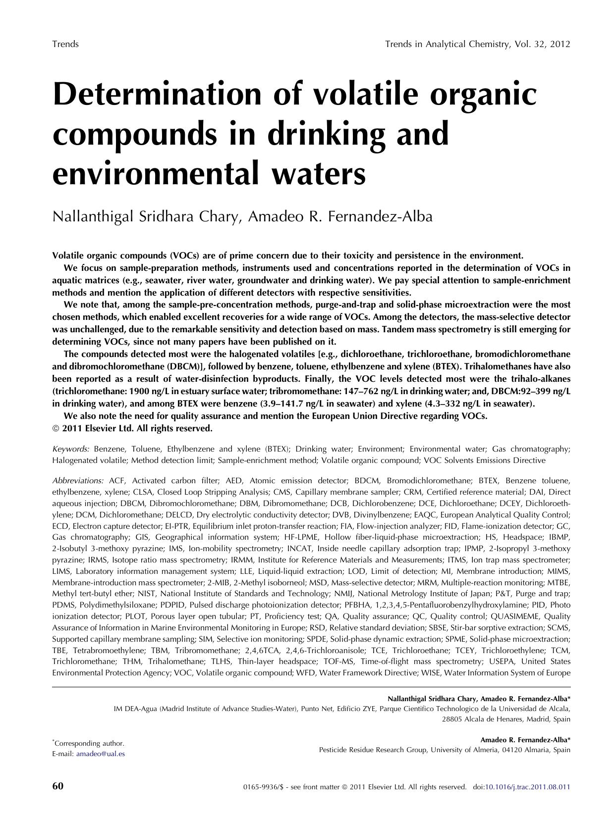 Determination of volatile organic compounds in drinking and environmental waters by Nallanthigal Sridhara Chary & Amadeo R. Fernandez-Alba