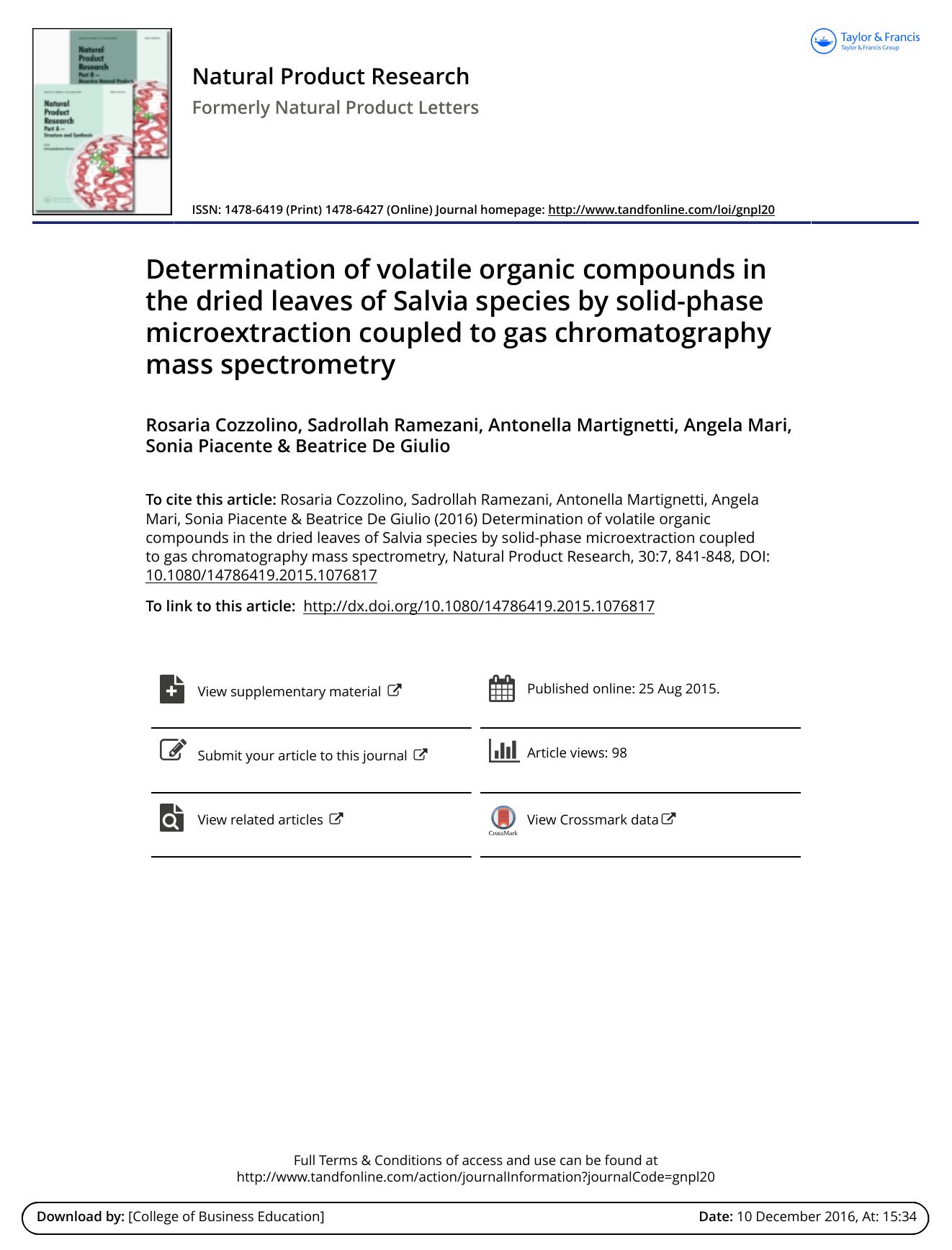 Determination of volatile organic compounds in the dried leaves of Salvia species by solid-phase microextraction coupled to gas chromatography mass spectrometry by unknow