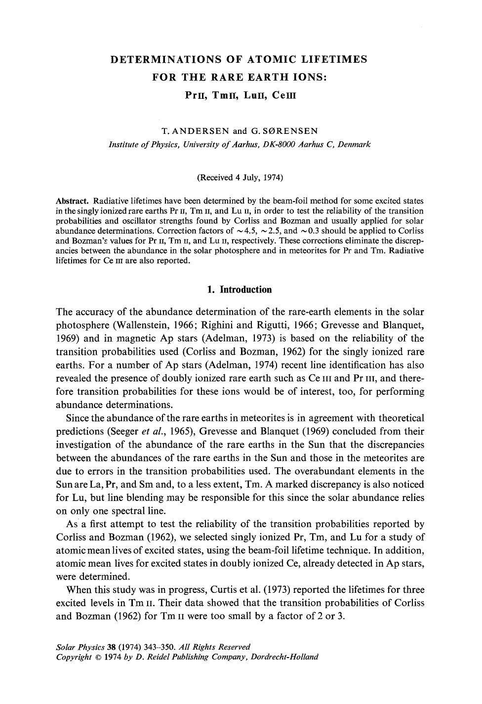 Determinations of atomic lifetimes for the rare earth ions: Pr <Emphasis Type="SmallCaps">ii <Emphasis>, Tm <Emphasis Type="SmallCaps">ii <Emphasis>, Lu <Emphasis Type="SmallCaps"> by Unknown