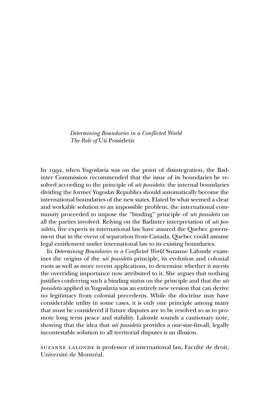 Determining Boundaries in a Conflicted World : The Role of Uti Possidetis by Suzanne N. Lalonde