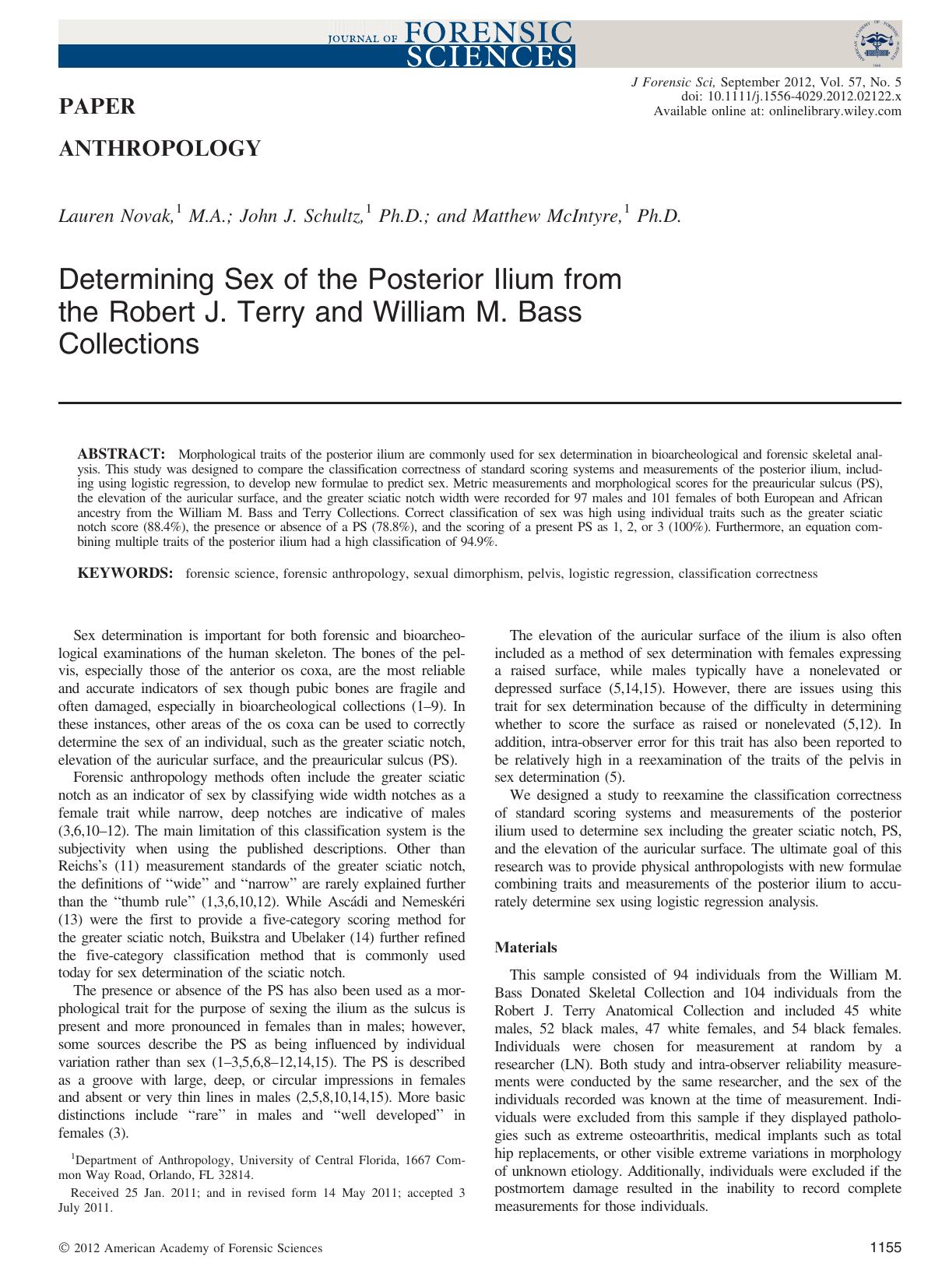 Determining Sex of the Posterior Ilium from the Robert J. Terry and William M. Bass Collections by Unknown