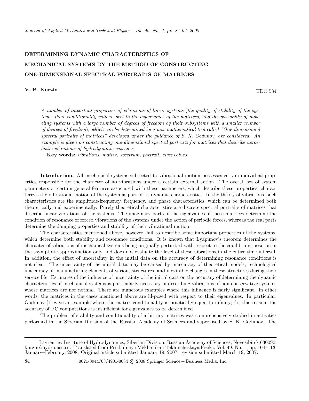 Determining dynamic characteristics of mechanical systems by the method of constructing one-dimensional spectral portraits of matrices by Unknown
