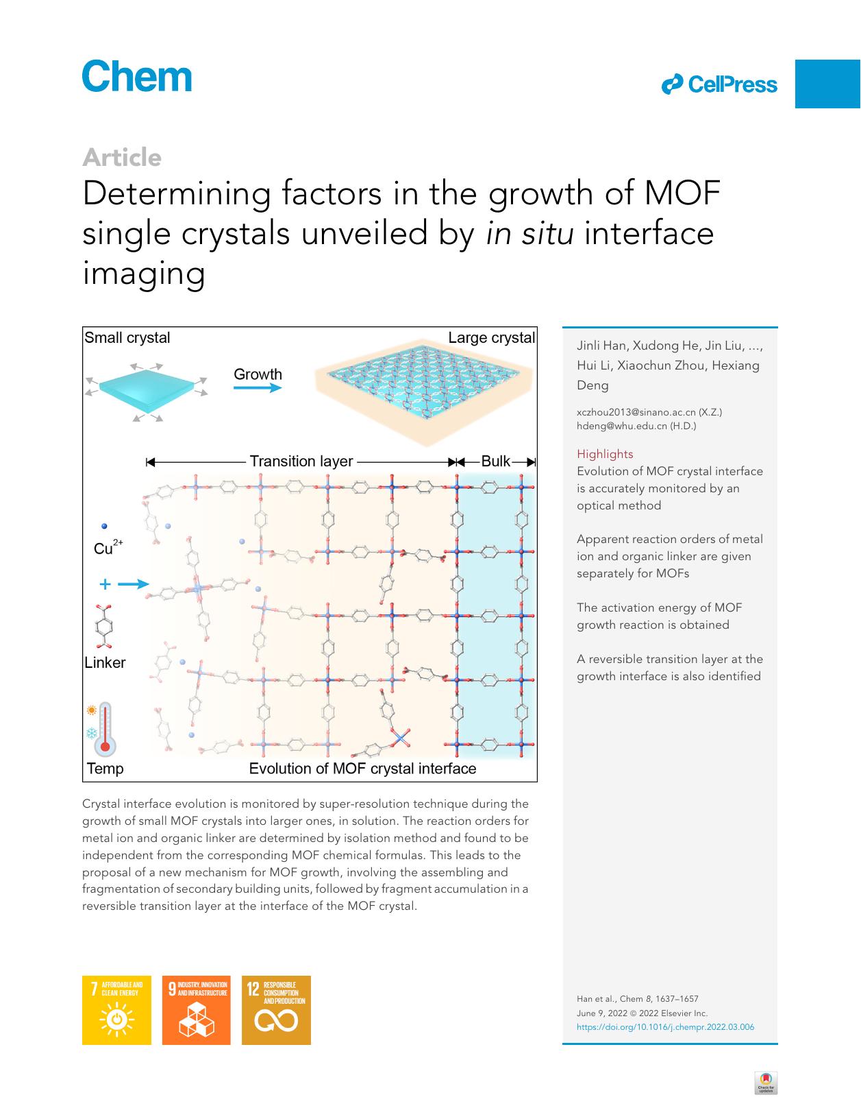 Determining factors in the growth of MOF single crystals unveiled by in situ interface imaging by Jinli Han & Xudong He & Jin Liu & Ruijian Ming & Mohan Lin & Hui Li & Xiaochun Zhou & Hexiang Deng