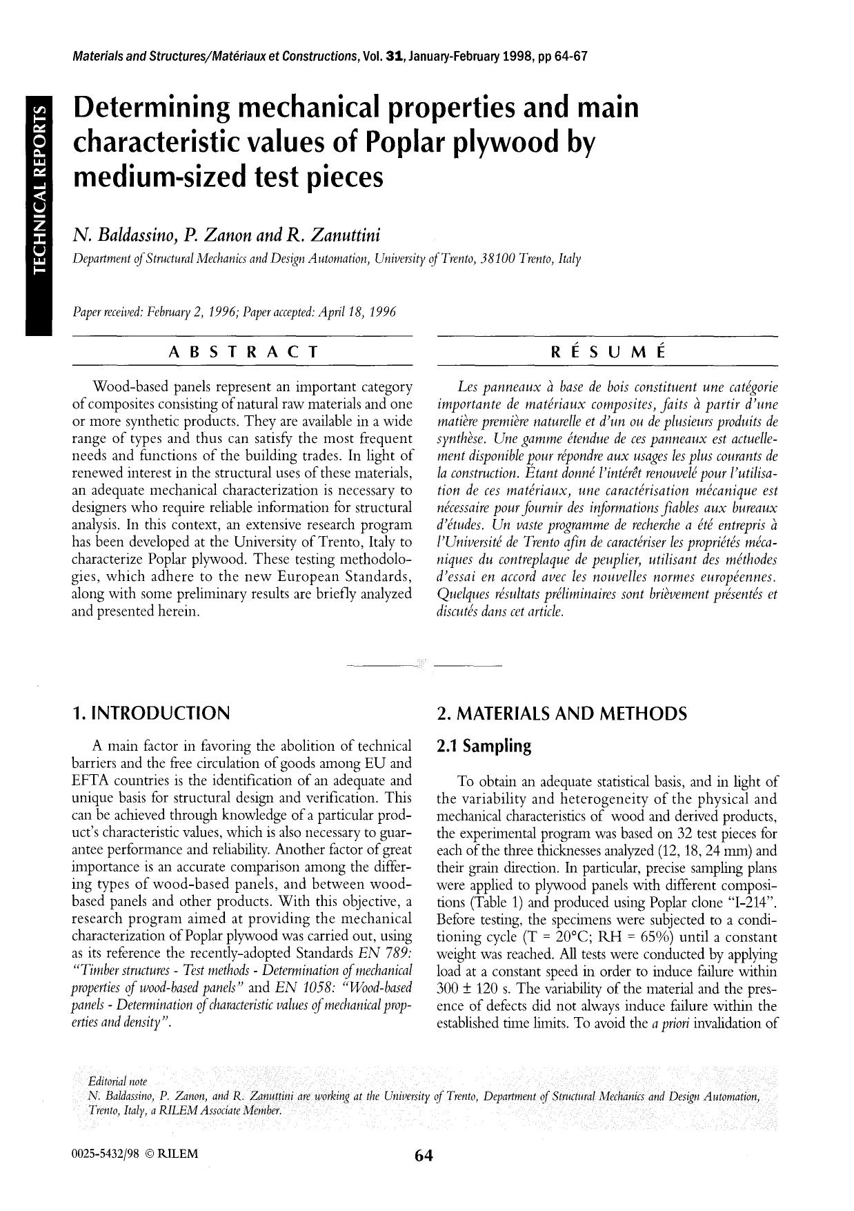 Determining mechanical properties and main characteristic values of Poplar plywood by medium-sized test pieces by Unknown
