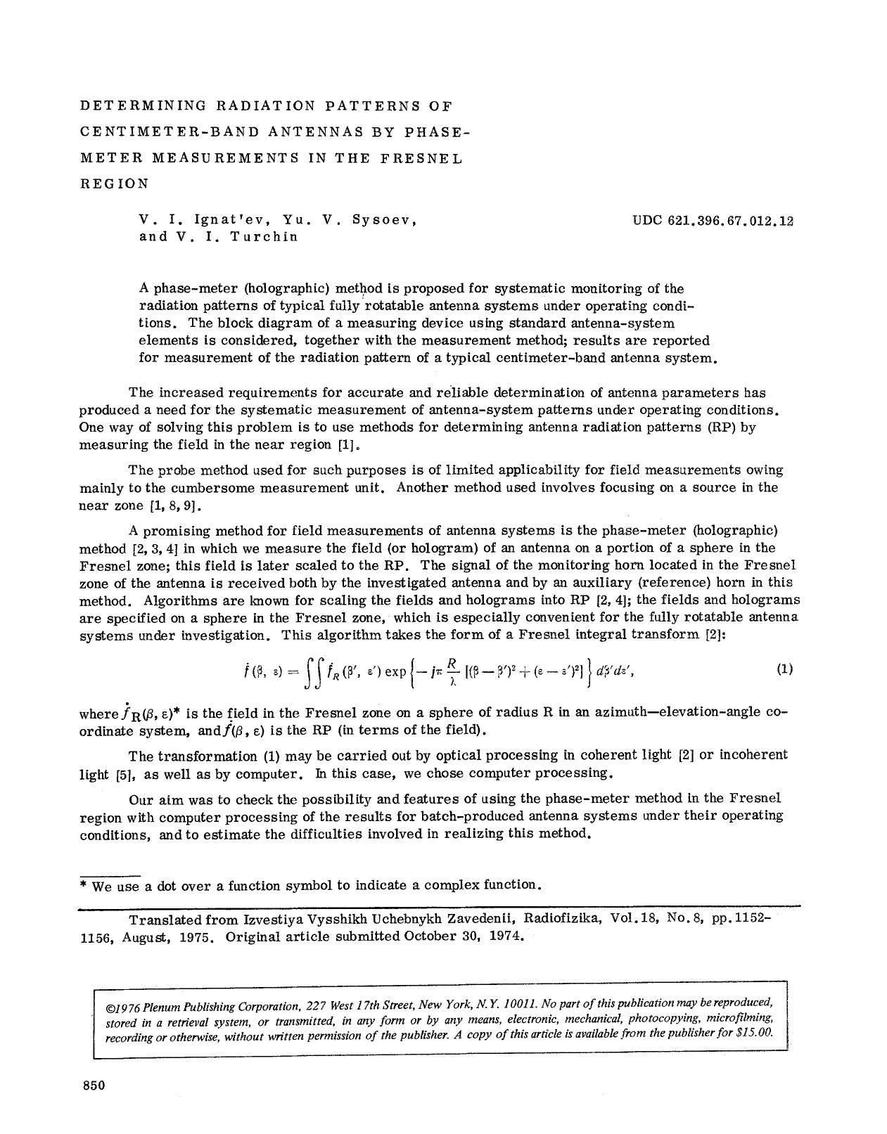 Determining radiation patterns of centimeter-band antennas by phasemeter measurements in the Fresnel region by Unknown