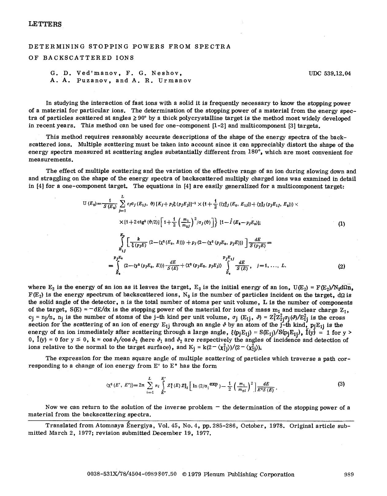 Determining stopping powers from spectra of backscattered ions by Unknown