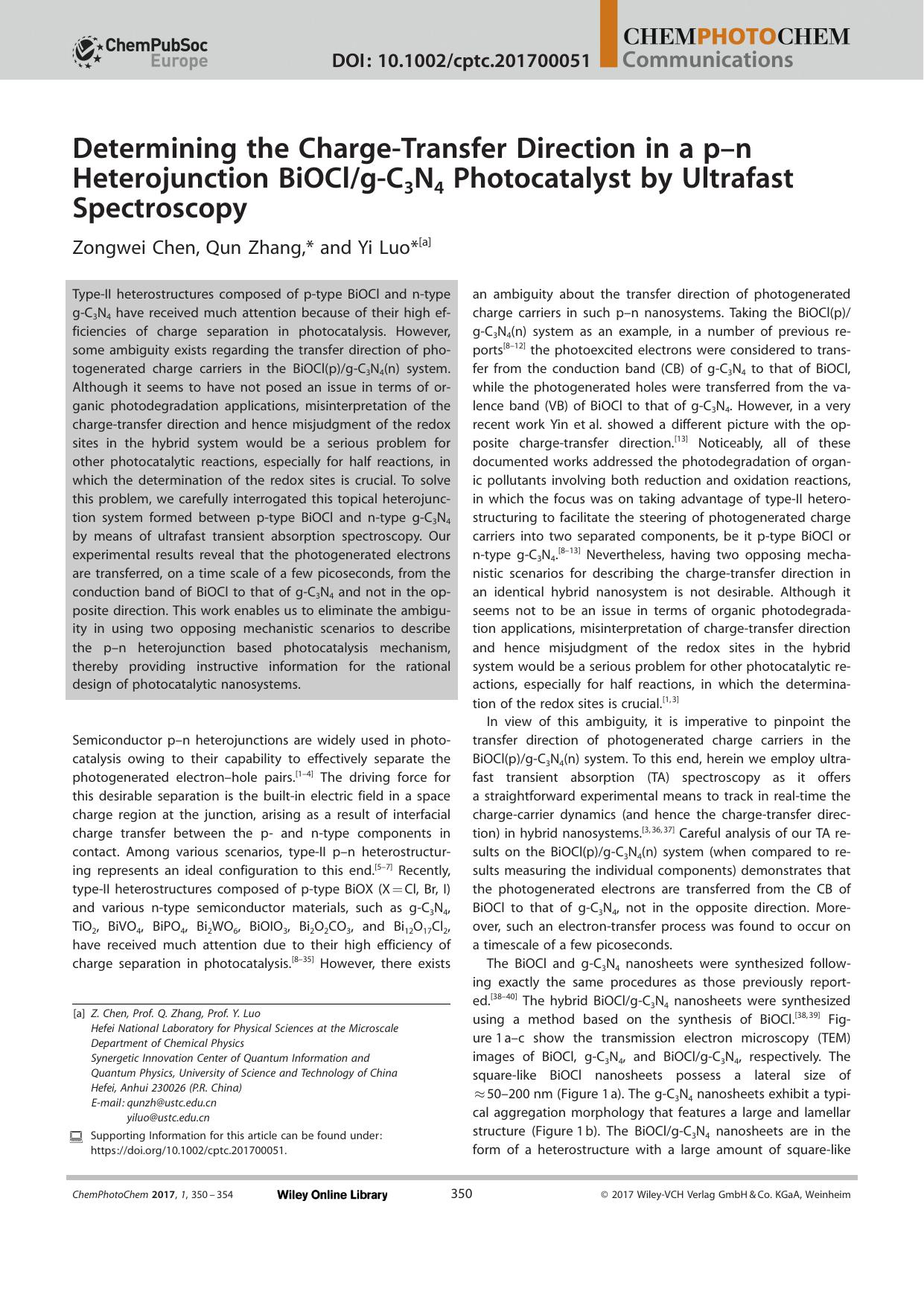 Determining the ChargeâTransfer Direction in a pân Heterojunction BiOClgâC3N4 Photocatalyst by Ultrafast Spectroscopy by Unknown