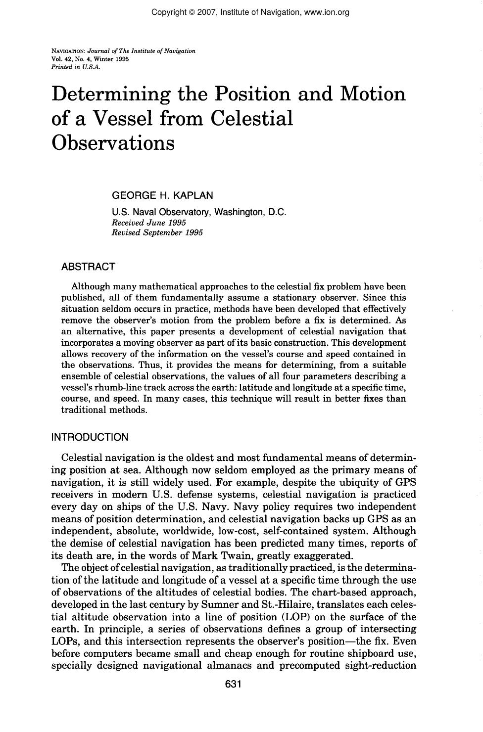Determining the Position of a Vessel from Celestial Observations by GEORGE H. KAPLAN