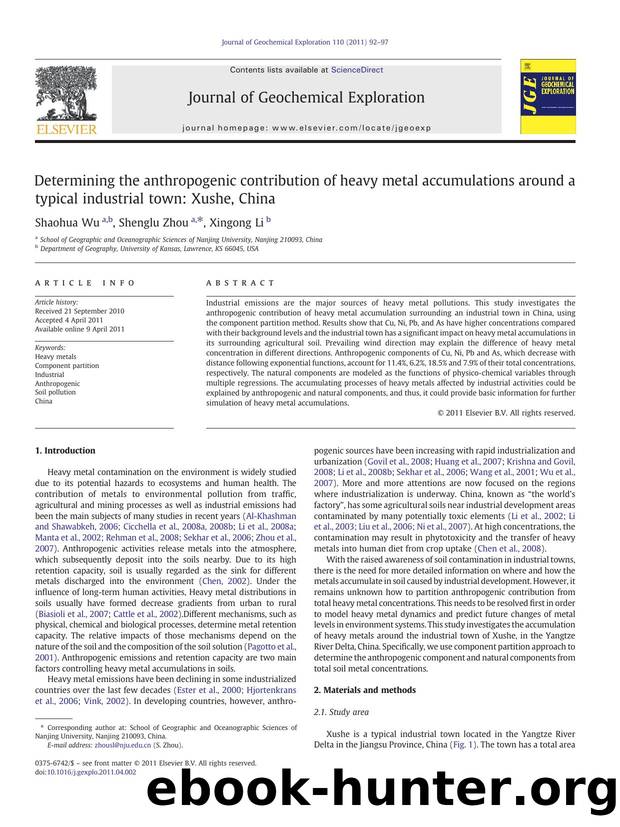 Determining the anthropogenic contribution of heavy metal accumulations around a typical industrial town: Xushe, China by Shaohua Wu & Shenglu Zhou & Xingong Li