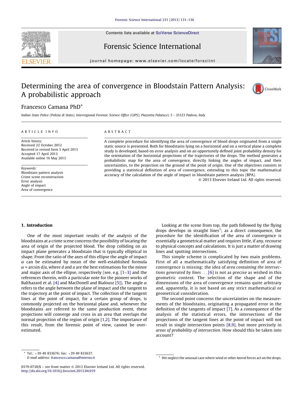 Determining the area of convergence in Bloodstain Pattern Analysis: A probabilistic approach by Francesco Camana PhD