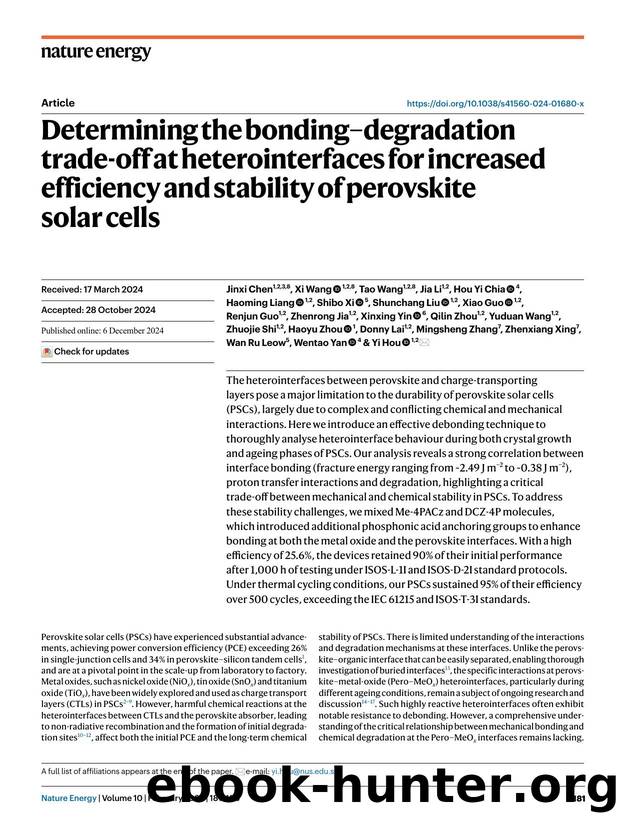 Determining the bondingâdegradation trade-off at heterointerfaces for increased efficiency and stability of perovskite solar cells by unknow
