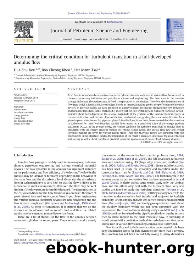 Determining the critical condition for turbulent transition in a full-developed annulus flow by Hua-Shu Dou & Boo Cheong Khoo & Her Mann Tsai