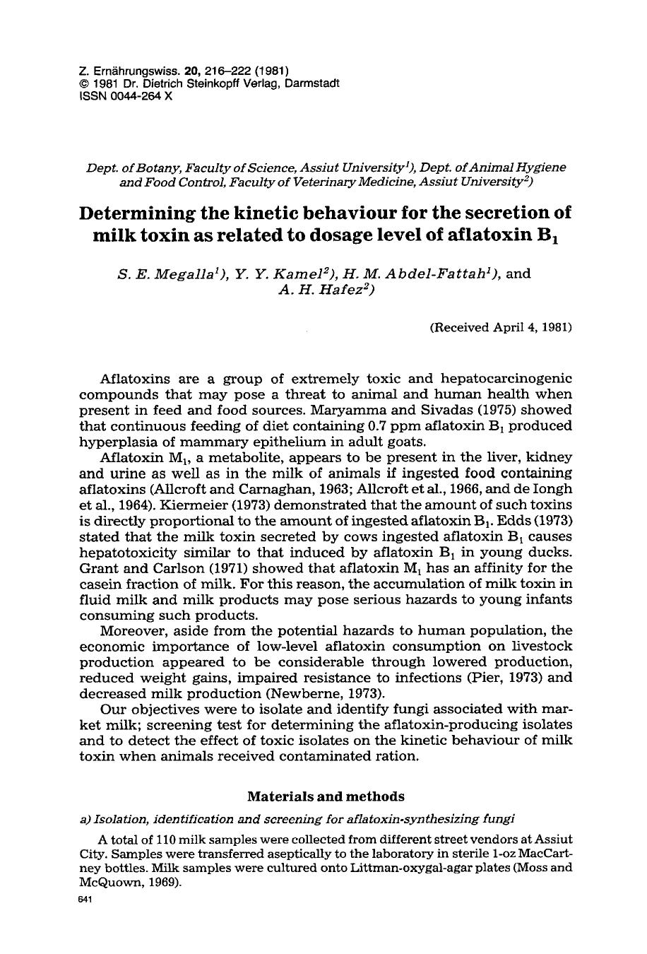 Determining the kinetic behaviour for the secretion of milk toxin as related to dosage level of aflatoxin B <Subscript>1 <Subscript> by Unknown