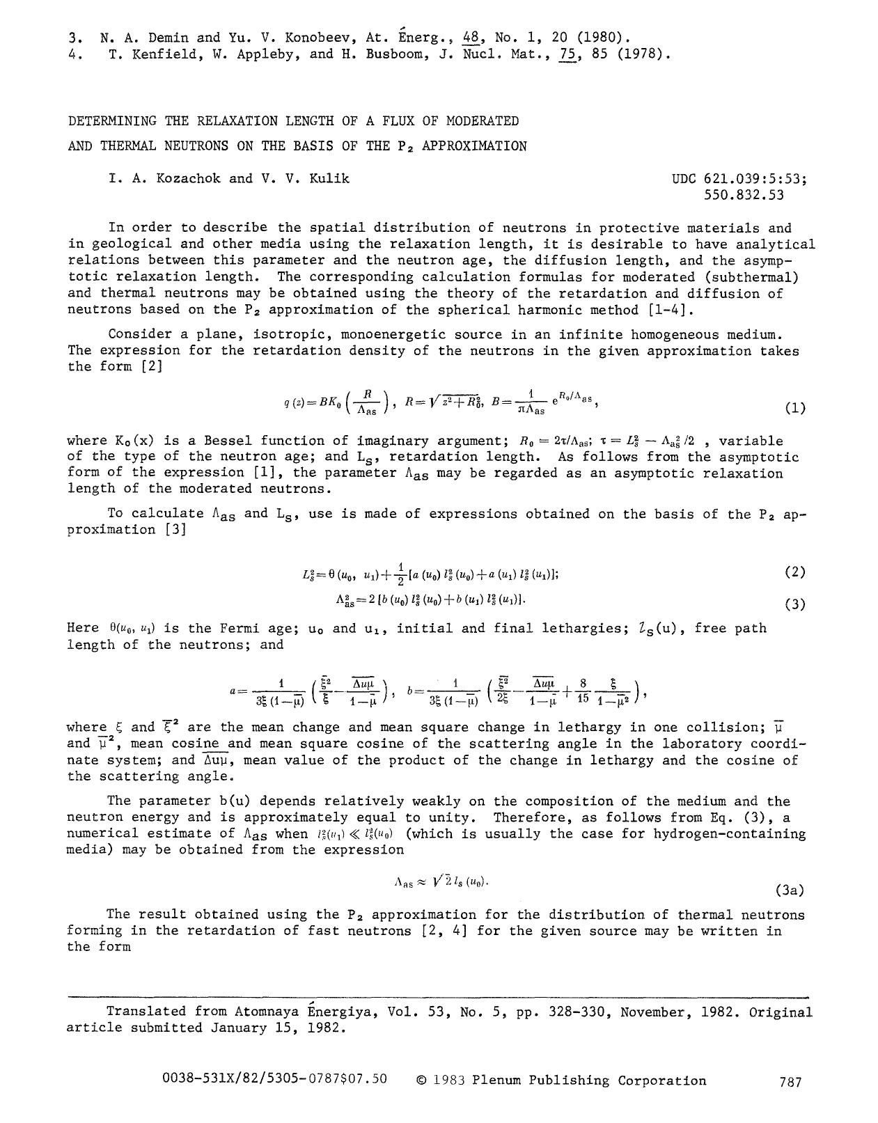 Determining the relaxation length of a flux of moderated and thermal neutrons on the basis of the P <Subscript>2 <Subscript> approximation by Unknown