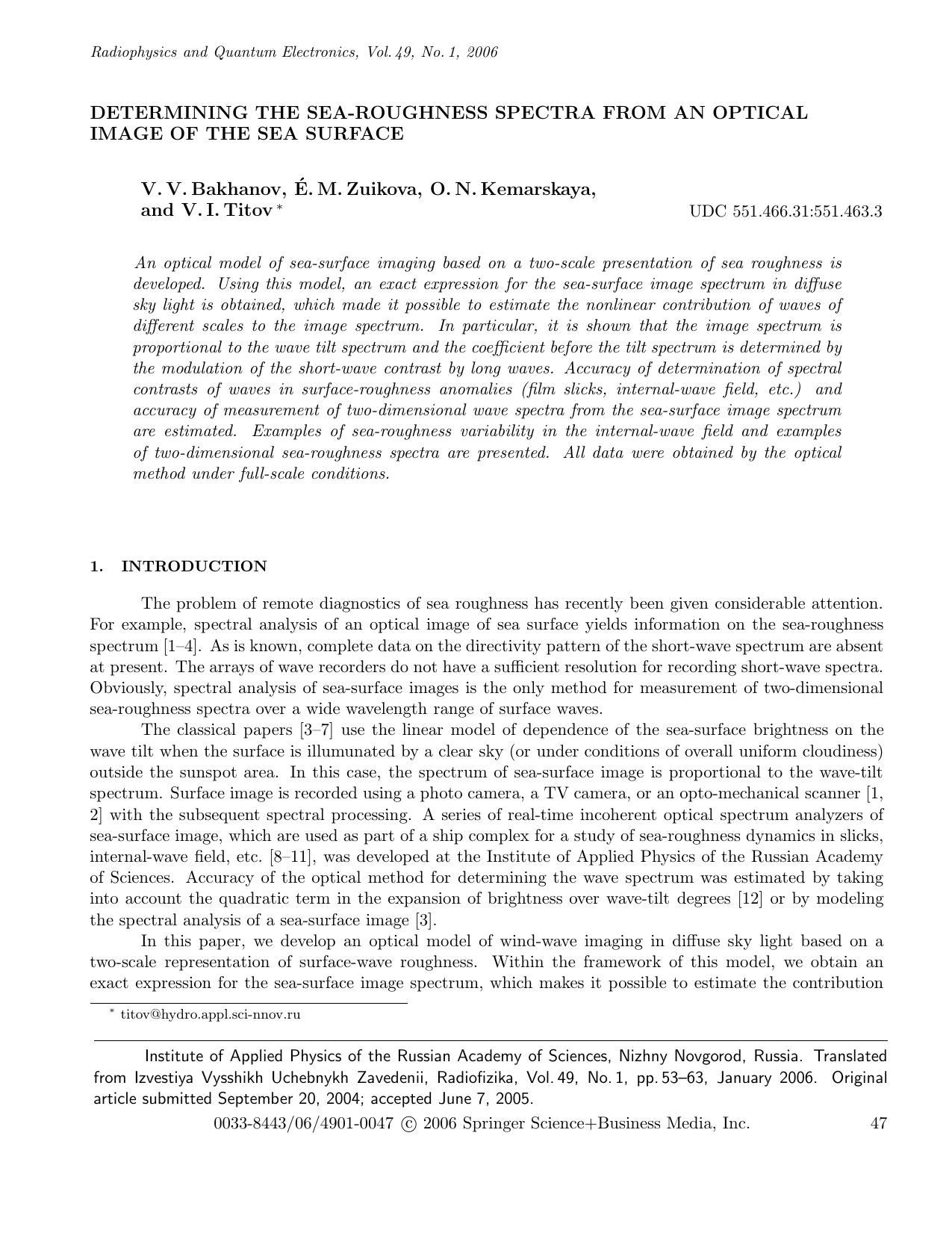 Determining the sea-roughness spectra from an optical image of the sea surface by Unknown