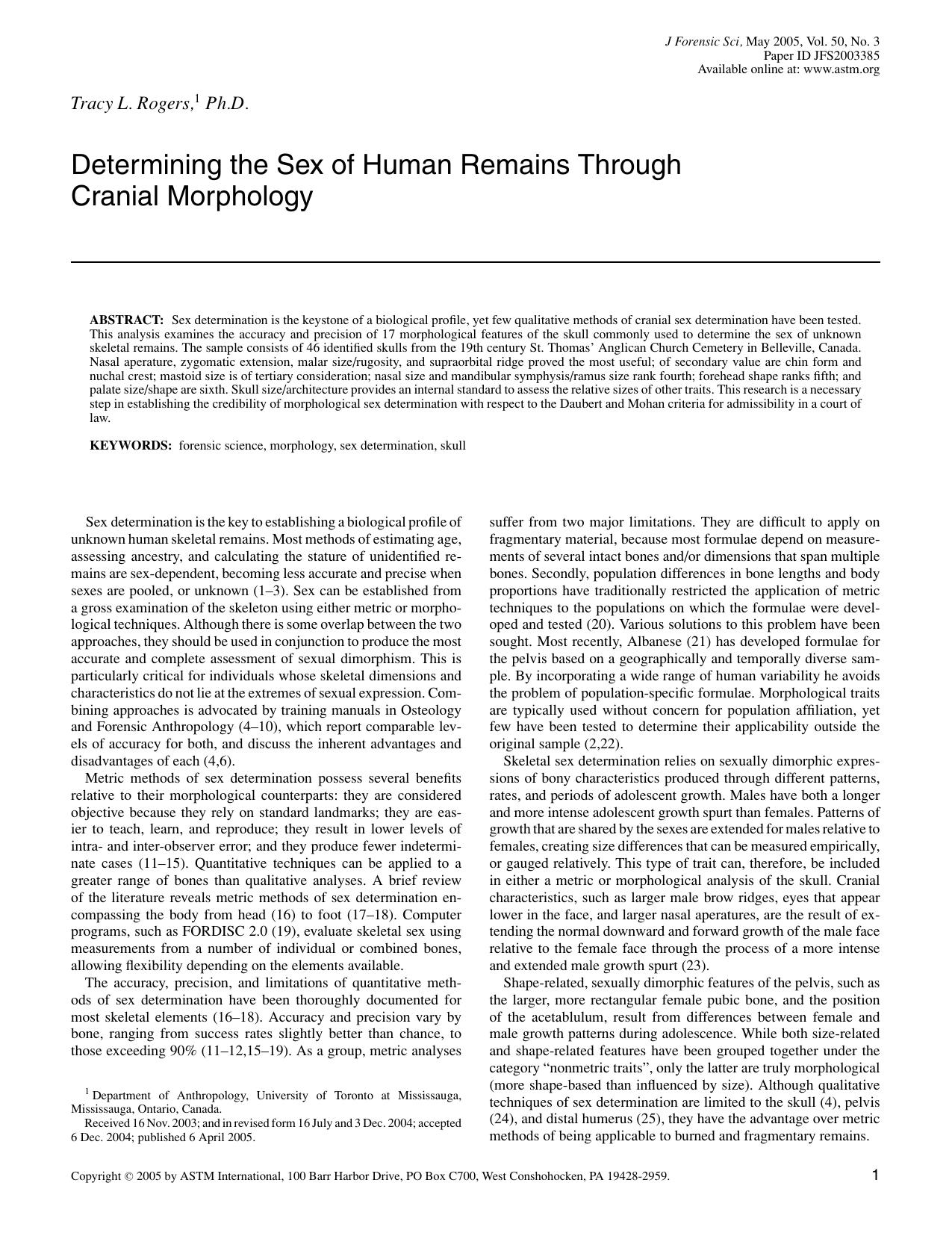 Determining the sex of human remains through cranial morphology by Rogers TL