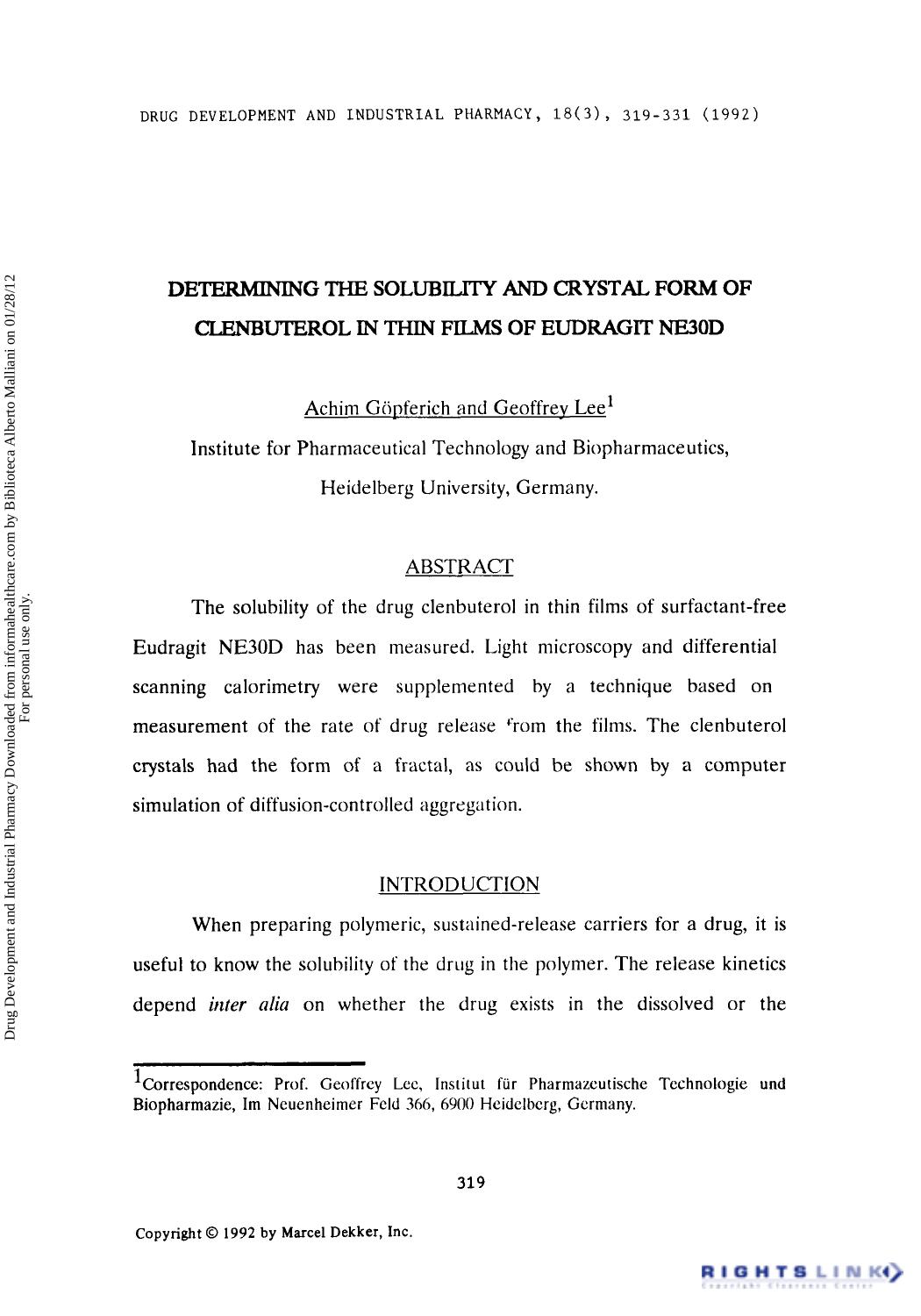 Determining the solubility and crystal form of clenbuterol in thin films of eudragit NE30D by Achim Göpferich & Geoffrey Lee