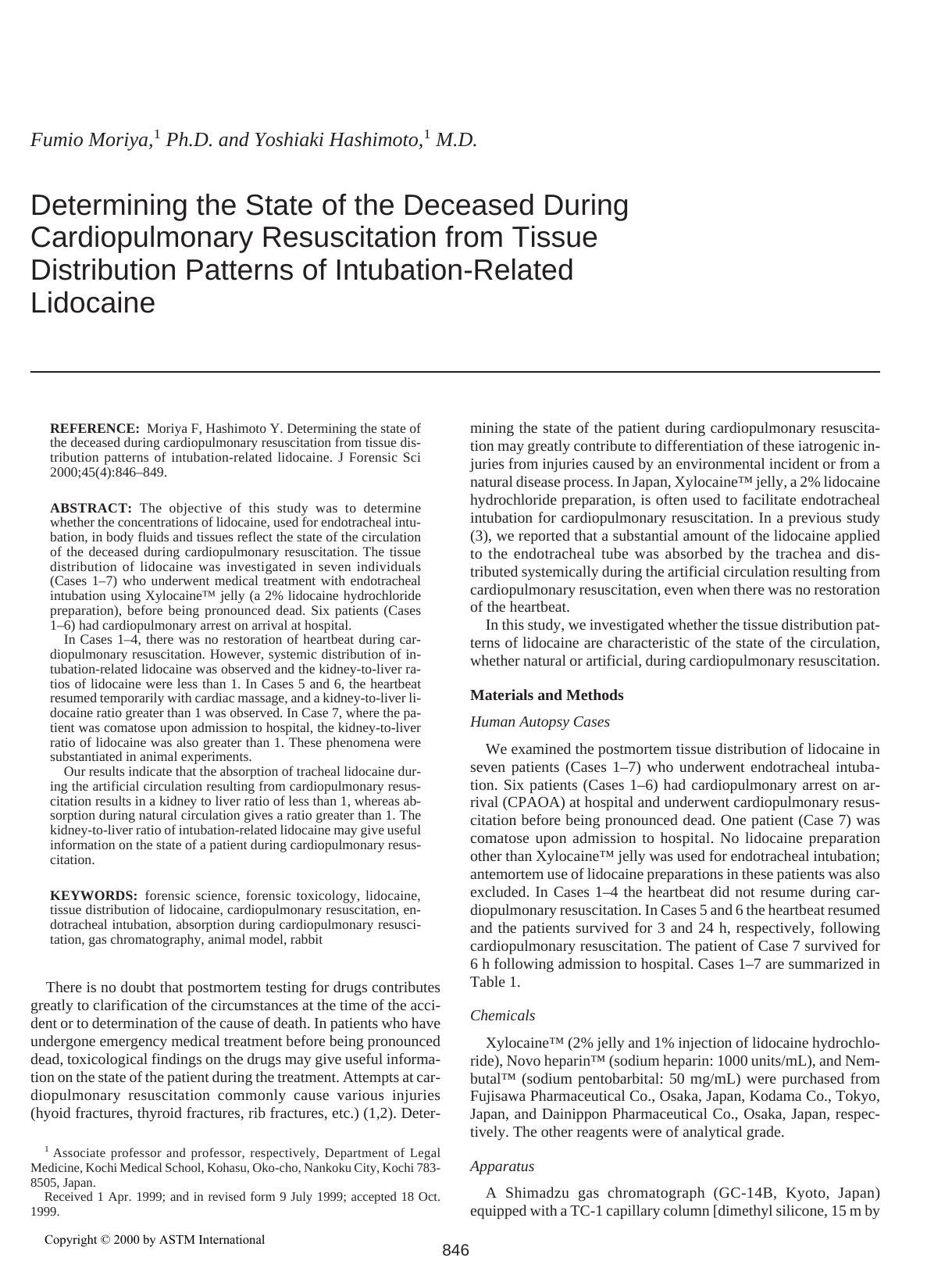 Determining the state of the deceased during cardiopulmonry resuscitation from tissue distribution patterns of intubation-related lidocaine by Moriya F Hashimoto Y