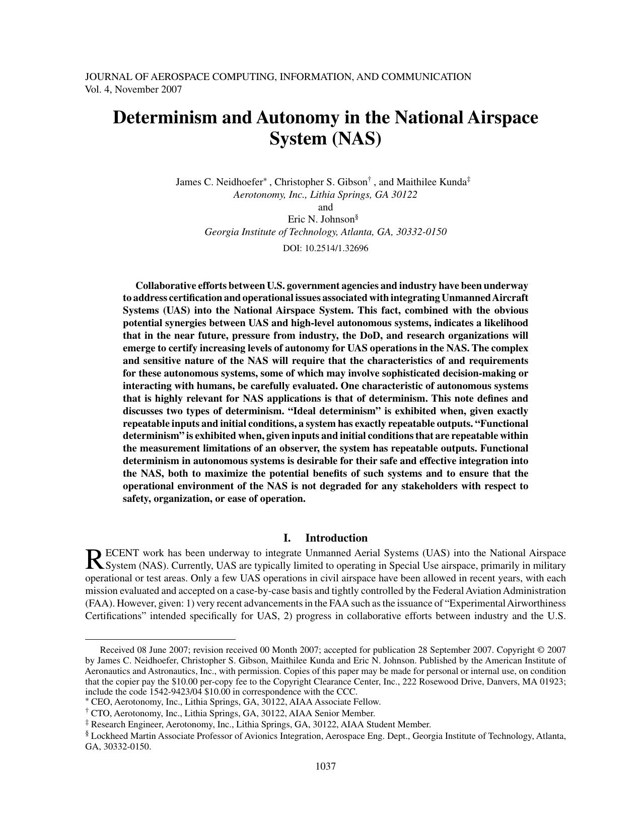 Determinism and Autonomy in the National Airspace System (NAS) by Unknown