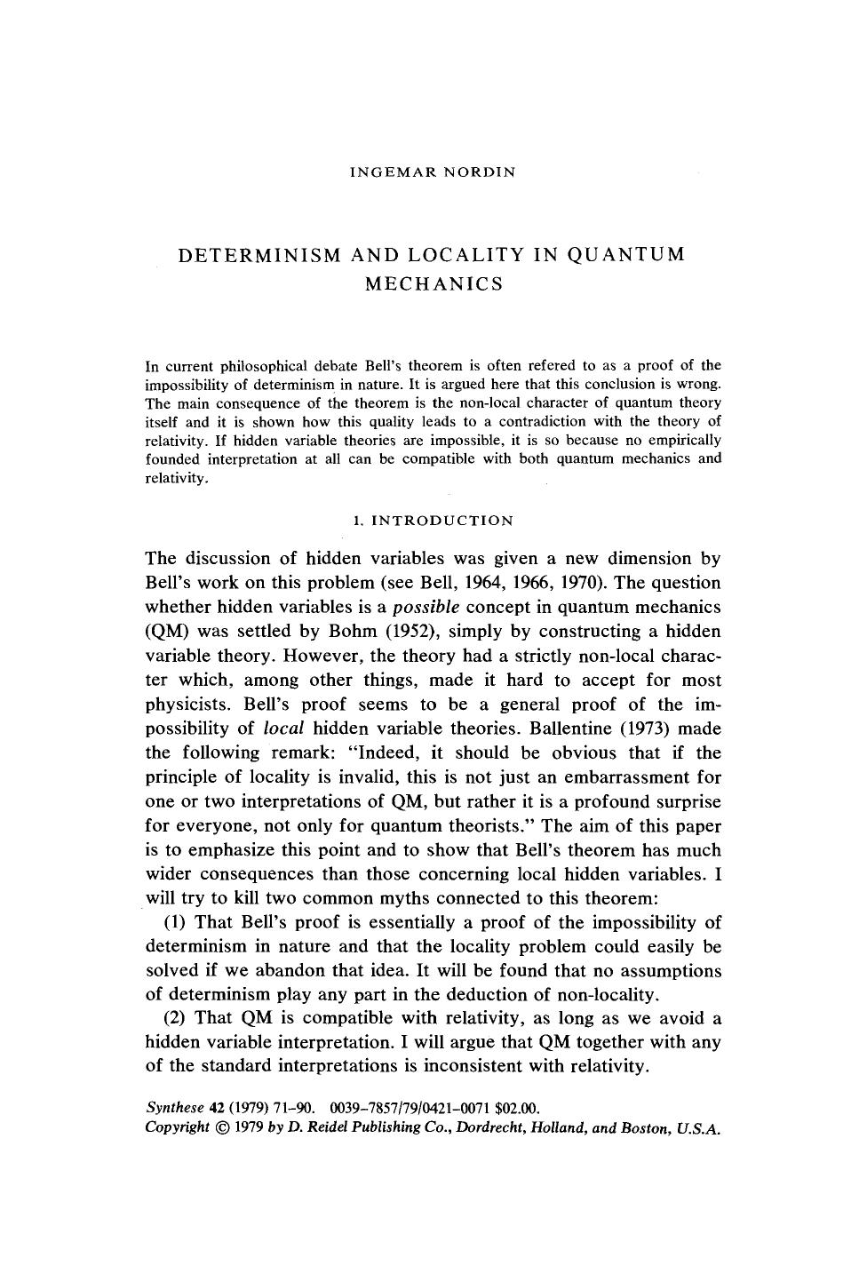 Determinism and locality in quantum mechanics by Unknown