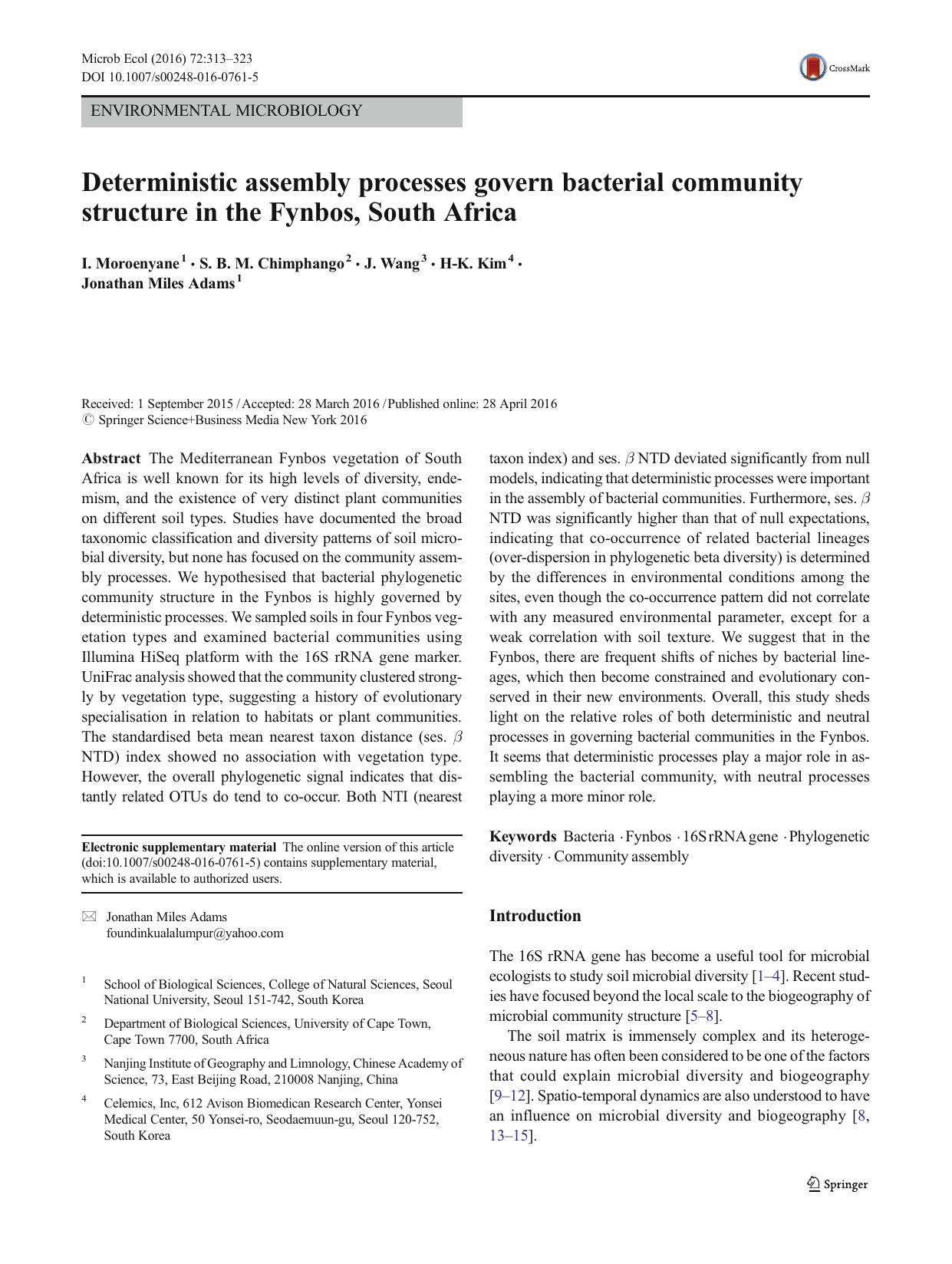 Deterministic assembly processes govern bacterial community structure in the Fynbos, South Africa by I. Moroenyane & S. B. M. Chimphango & J. Wang & H-K. Kim & Jonathan Miles Adams