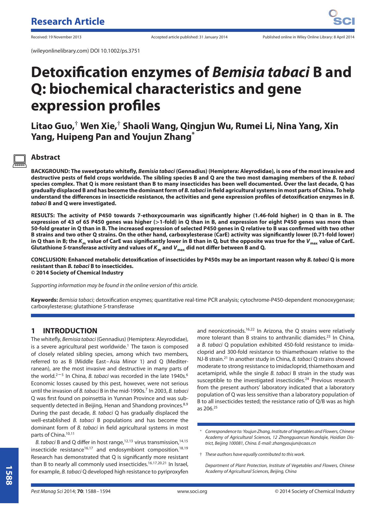 Detoxification enzymes of Bemisia tabaci B and Q: biochemical characteristics and gene expression profiles by Unknown