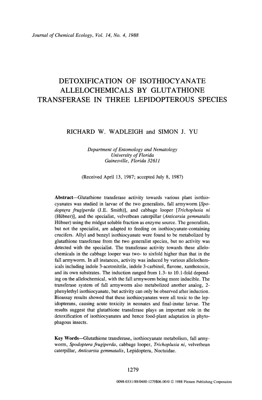 Detoxification of isothiocyanate allelochemicals by glutathione transferase in three lepidopterous species by Unknown