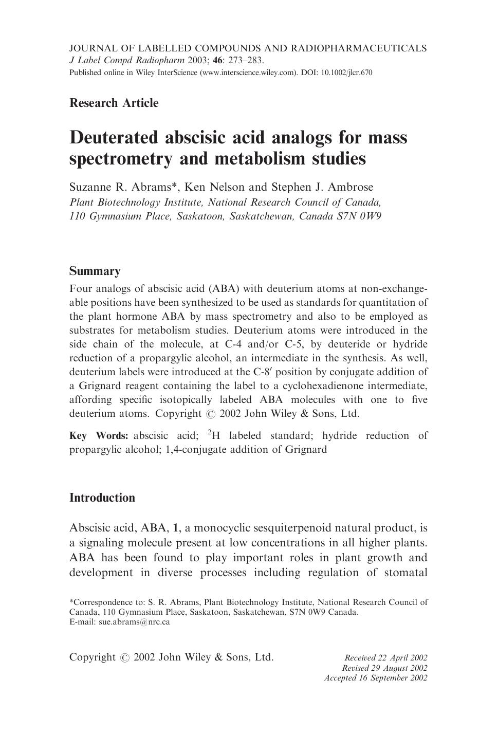 Deuterated abscisic acid analogs for mass spectrometry and metabolism studies by Unknown