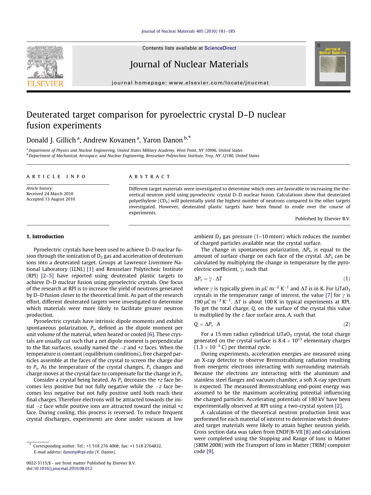Deuterated target comparison for pyroelectric crystal DÃ¢â¬âD nuclear fusion experiments by Donald J. Gillich & Andrew Kovanen & Yaron Danon
