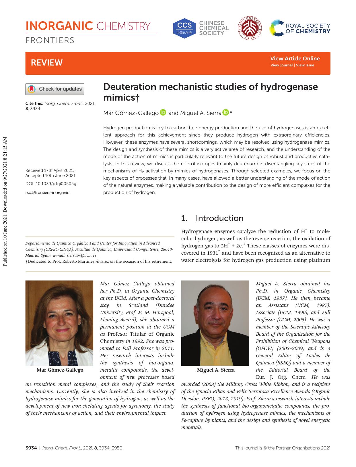 Deuteration mechanistic studies of hydrogenase mimics by Mar Gómez-Gallego Miguel A. Sierra
