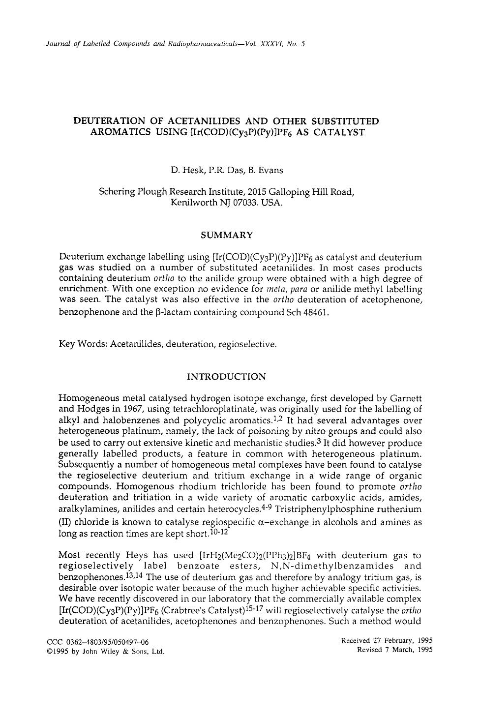 Deuteration of acetanilides and other substituted aromatics using [Ir(COD)(Cy3P)(Py)]PF6 as catalyst by Unknown