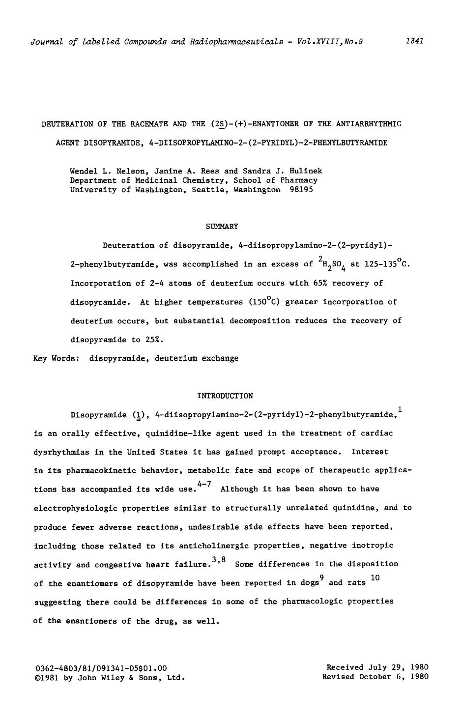 Deuteration of the racemate and the (2S)-(+)-enantiomer of the antiarrhythmic agent disopyramide, 4-diisopropylamino-2-(2-pyridyl)-2-phenylbutyramide by Unknown