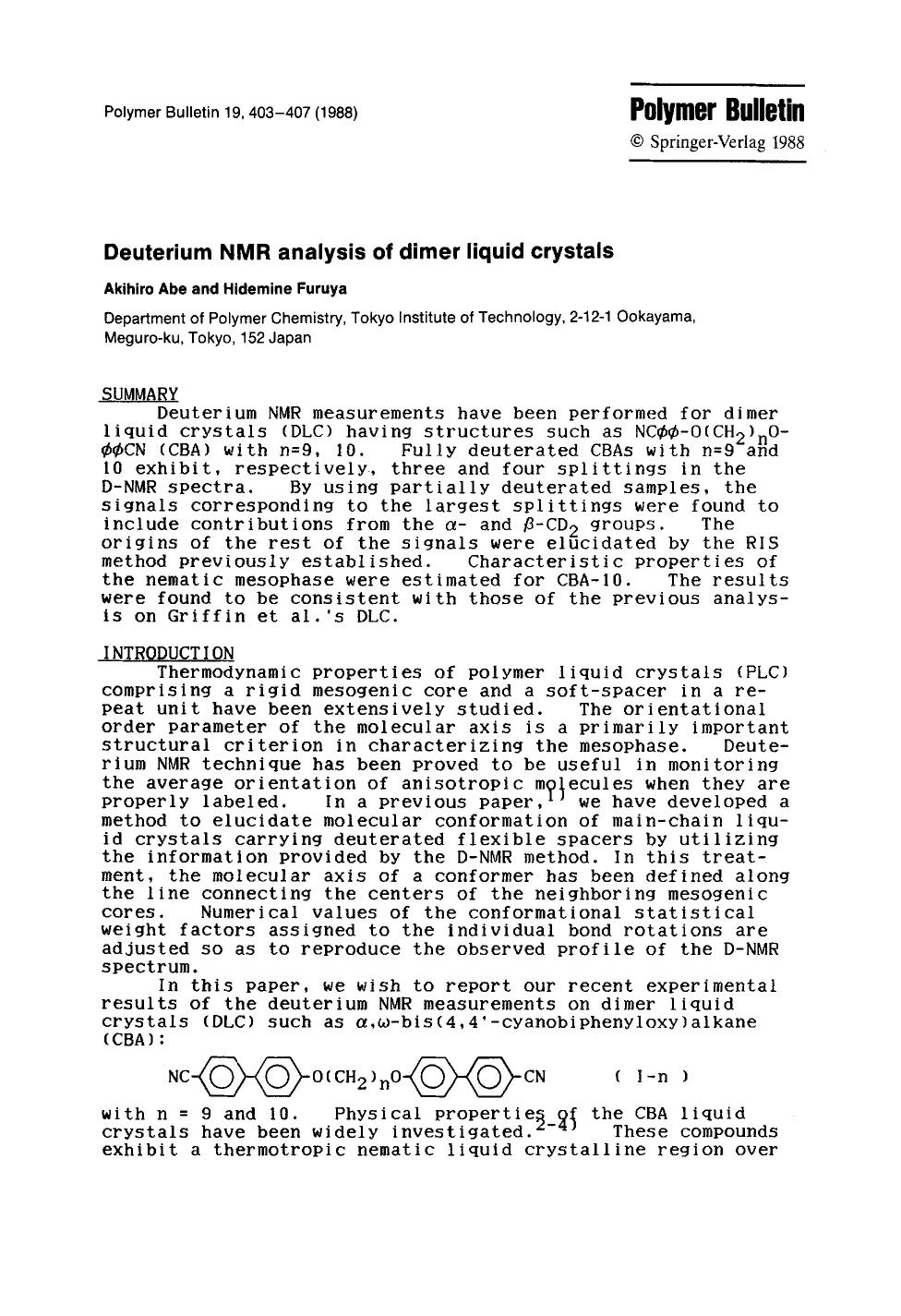 Deuterium NMR analysis of dimer liquid crystals by Unknown