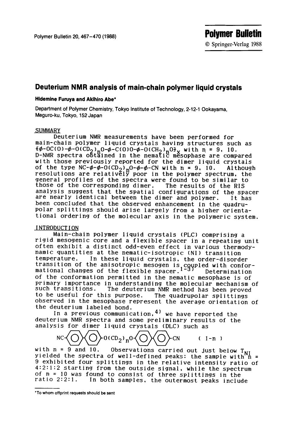 Deuterium NMR analysis of main-chain polymer liquid crystals by Unknown