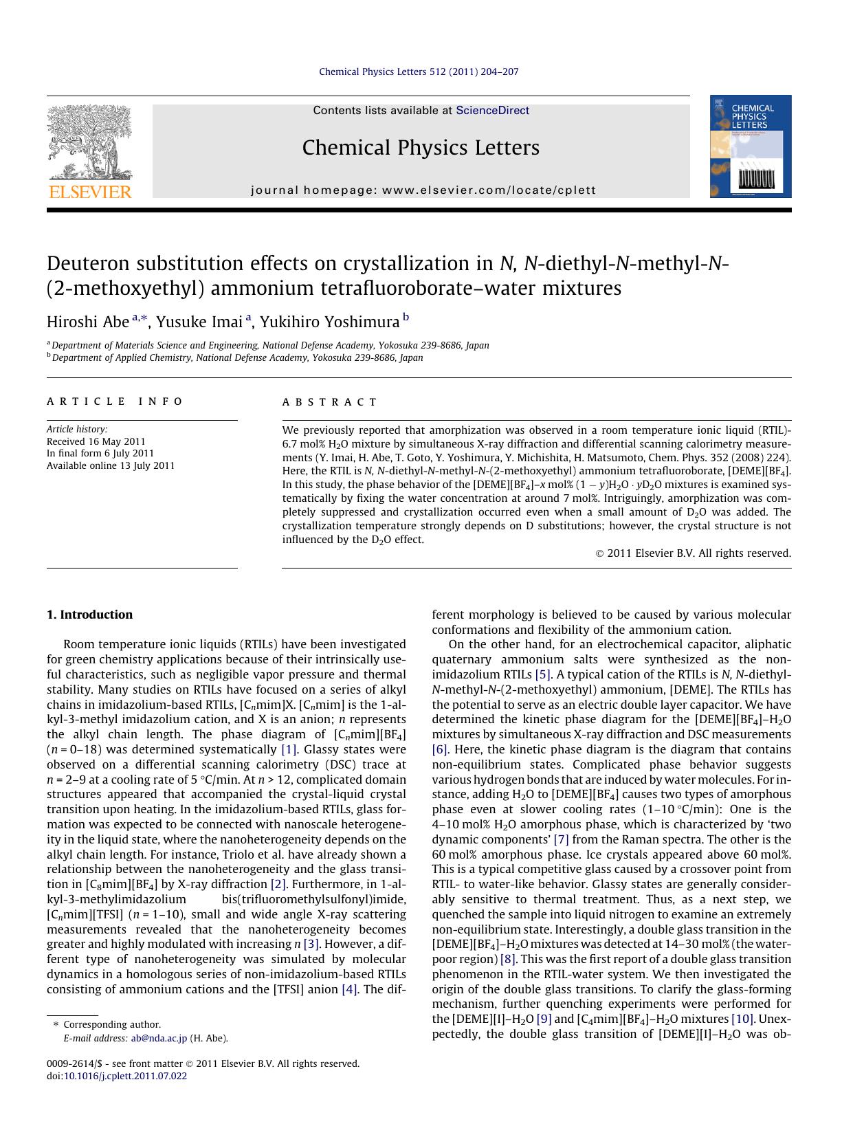 Deuteron substitution effects on crystallization in N, N-diethyl-N-methyl-N-(2-methoxyethyl) ammonium tetrafluoroborateâ€“water mixtures by Hiroshi Abe & Yusuke Imai & Yukihiro Yoshimura