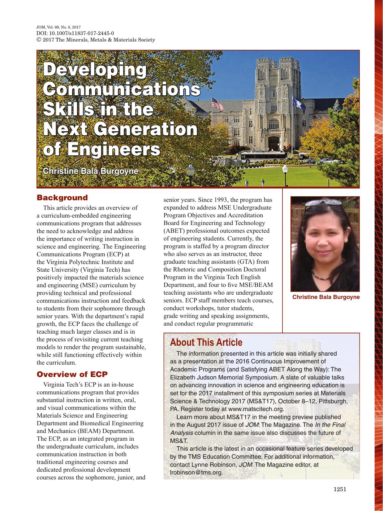 Developing Communications Skills in the Next Generation of Engineers by Unknown