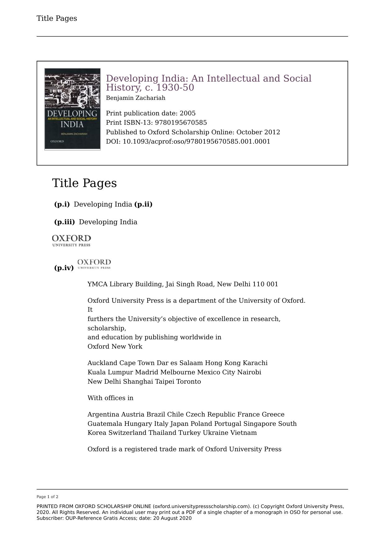 Developing India: An Intellectual and Social History, c. 1930-50 by Benjamin Zachariah