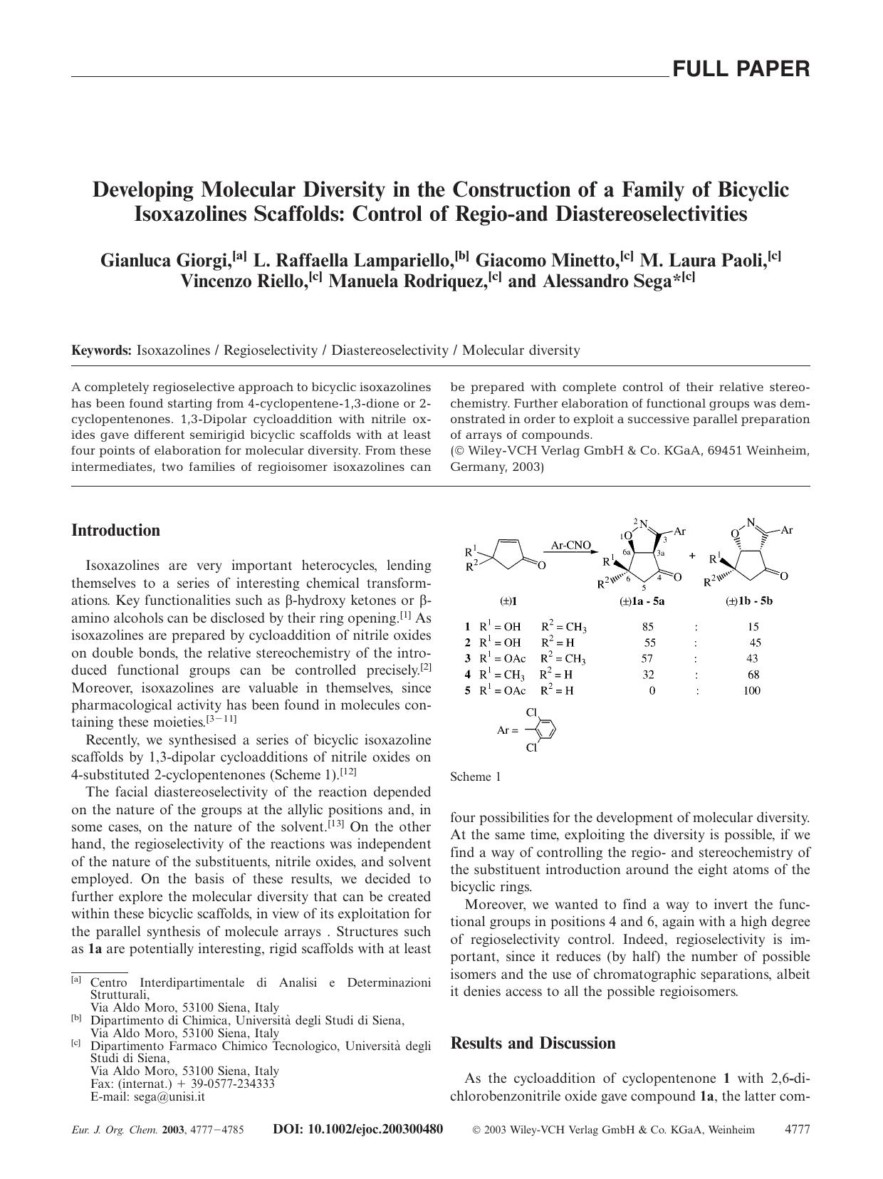 Developing Molecular Diversity in the Construction of a Family of Bicyclic Isoxazolines Scaffolds: Control of Regio-and Diastereoselectivities by Unknown