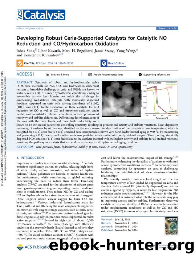 Developing Robust Ceria-Supported Catalysts for Catalytic NO Reduction and COHydrocarbon Oxidation by Inhak Song Libor Kovarik Mark H. Engelhard János Szanyi Yong Wang & Konstantin Khivantsev