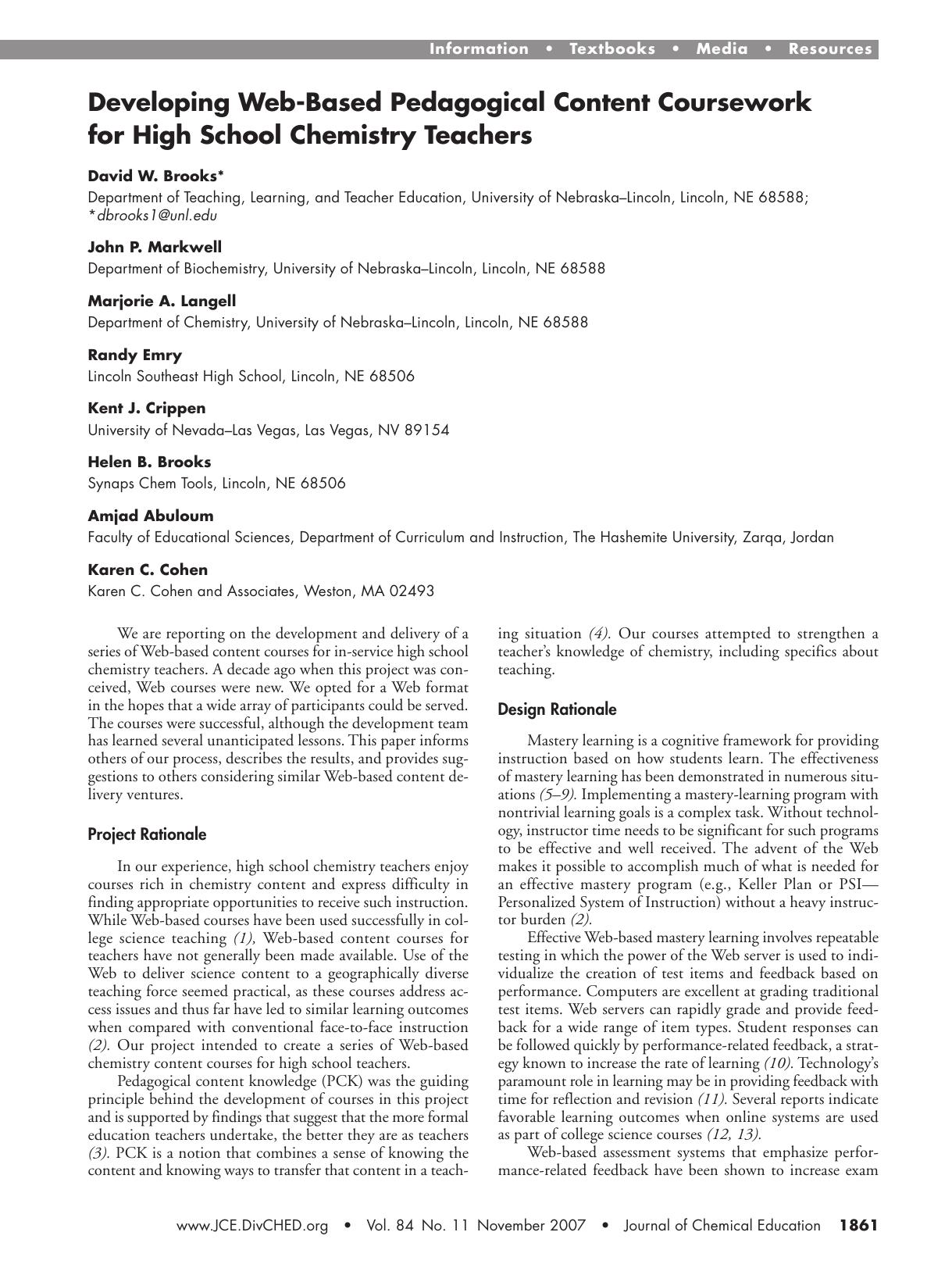 Developing Web-Based, Pedagogical Content Coursework for High School Chemistry Teachers by unknow