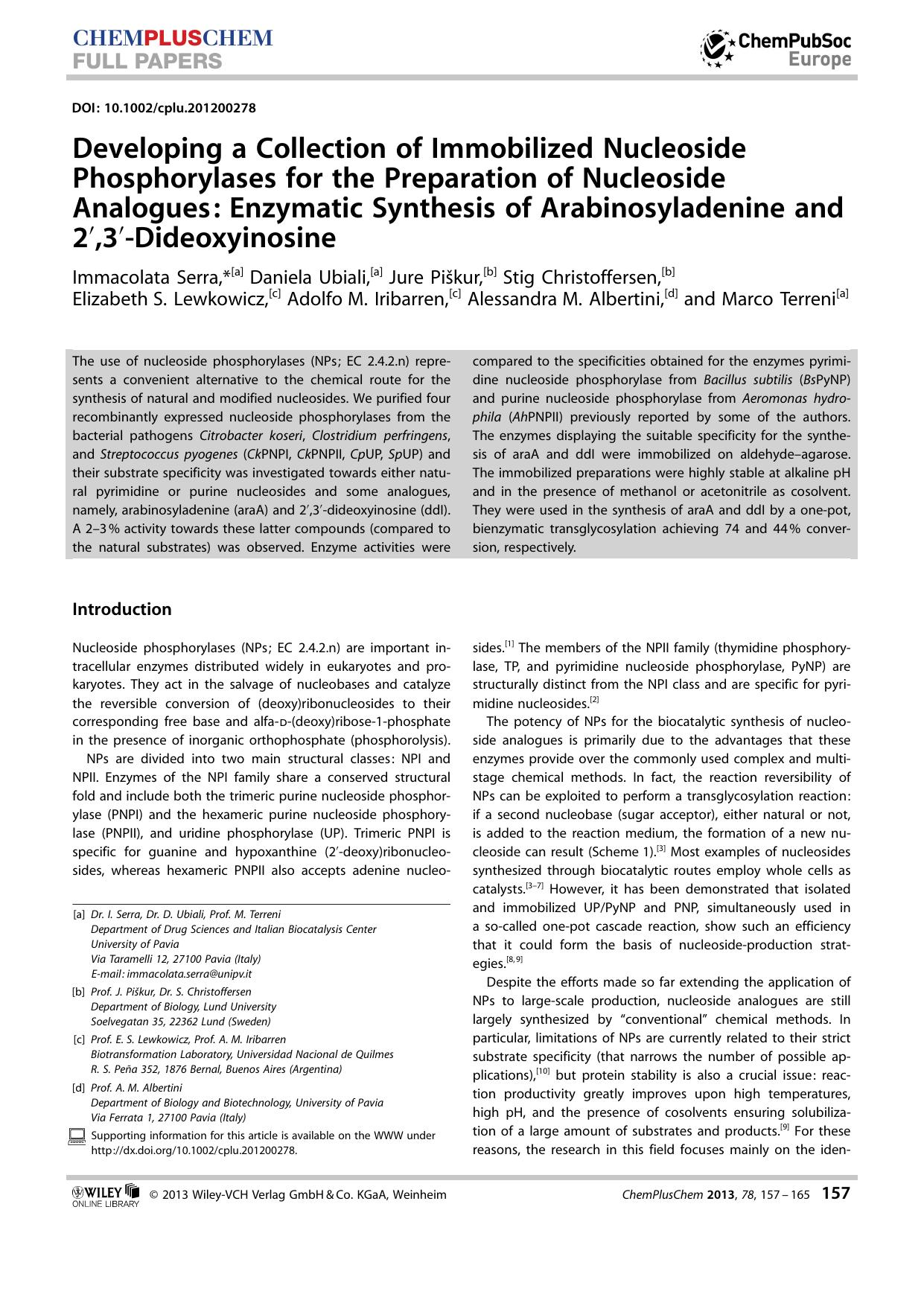 Developing a Collection of Immobilized Nucleoside Phosphorylases for the Preparation of Nucleoside Analogues: Enzymatic Synthesis of Arabinosyladenine and 2,3Dideoxyinosine by Unknown