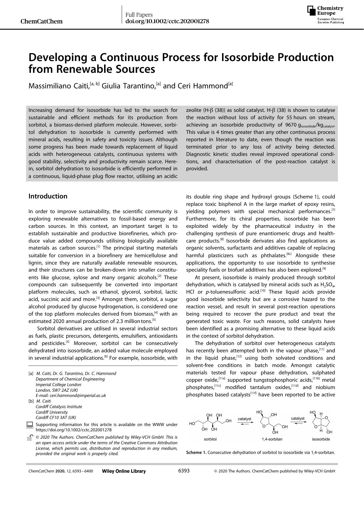 Developing a Continuous Process for Isosorbide Production from Renewable Sources by Unknown